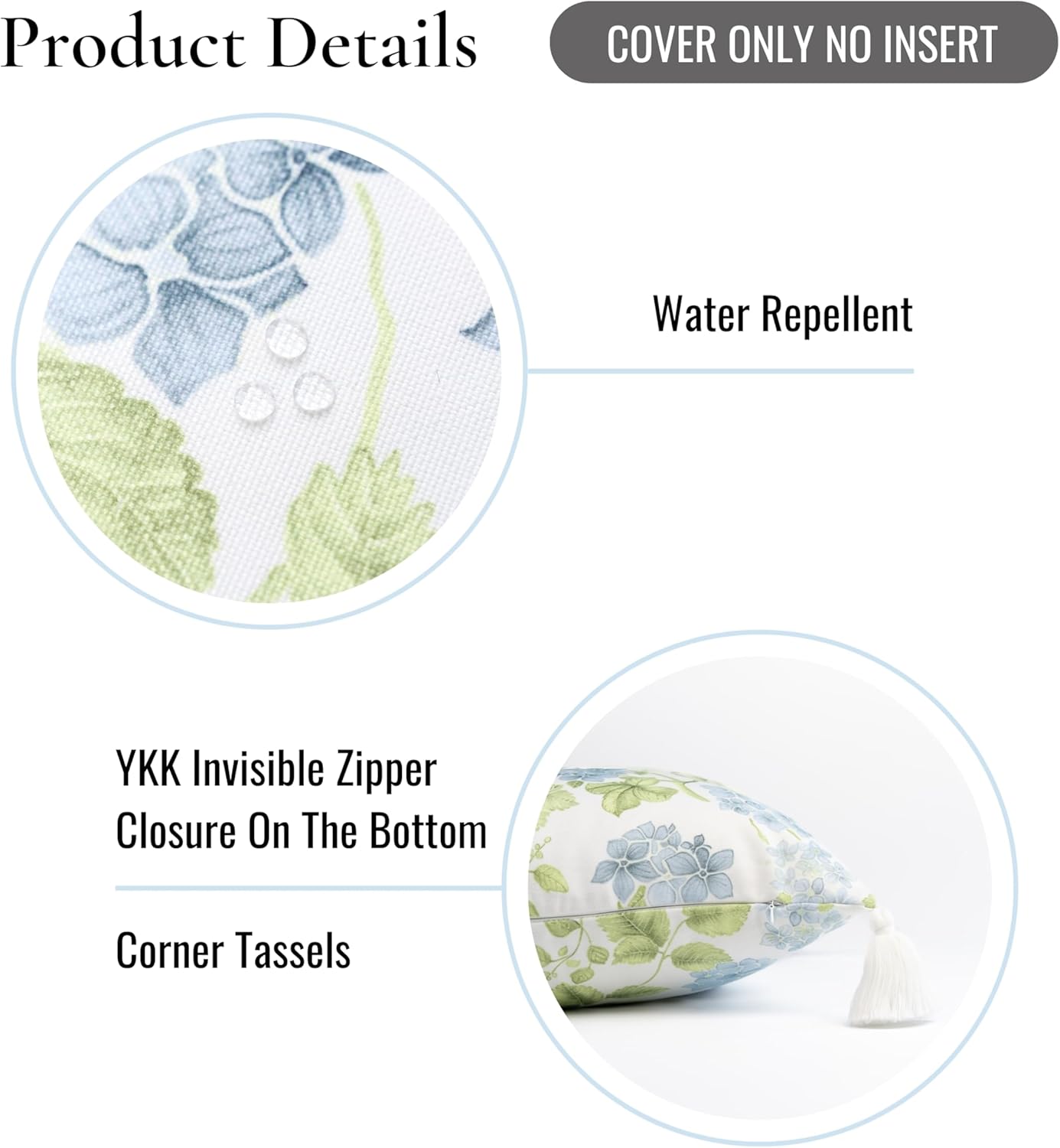 Hofdeco Premium Coastal Patio Indoor Outdoor Lumbar Pillow Cover Only, 12"x20" Water Repellent for Backyard, Couch, Baby Blue Green Print Sketch Hydrangea Flower