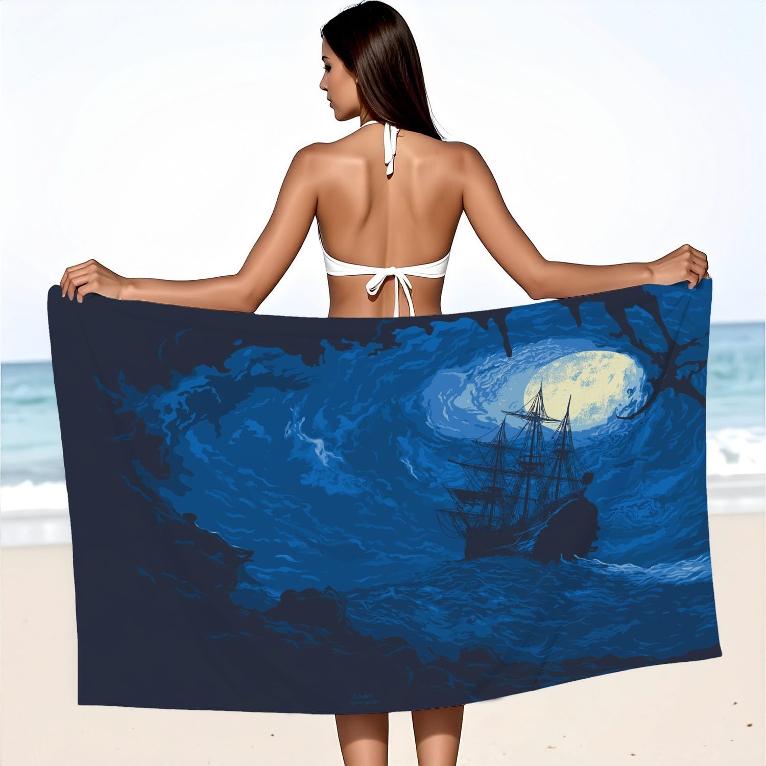 Générique Grande Serviette de Plage 200 x 100 CM,Drap de Plage Microfibre,Couverture de Plage Absorbante Rapide pour Dramatique, Mystérieux Surface de la Mer, Navires, Ciel, Lune