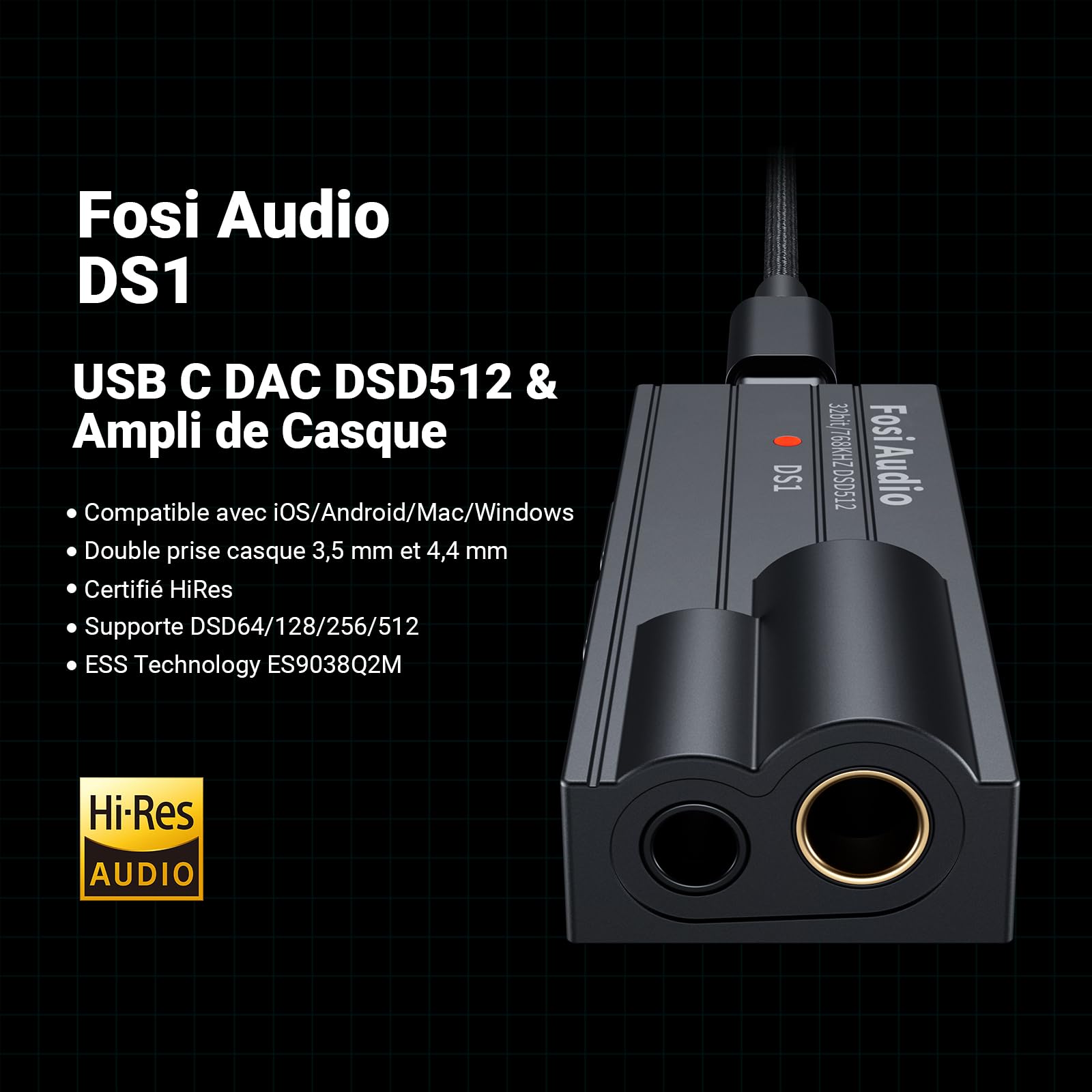 Fosi Audio DS1 Ampli Casque, Puce DSD512, Mini Amplificateur Audio, Dac Audio HiFi, USB C DAC ES9038Q2M, Prend en Charge 32 bits/768 kHz avec Double Sortie Casque 4,4 mm et 3,5 mm, pour Casque