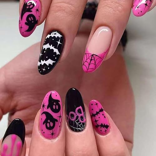 Uñas postizas de color rosa intenso para Halloween, uñas postizas medianas con punta francesa de almendra, cobertura completa, fantasma, telaraña,