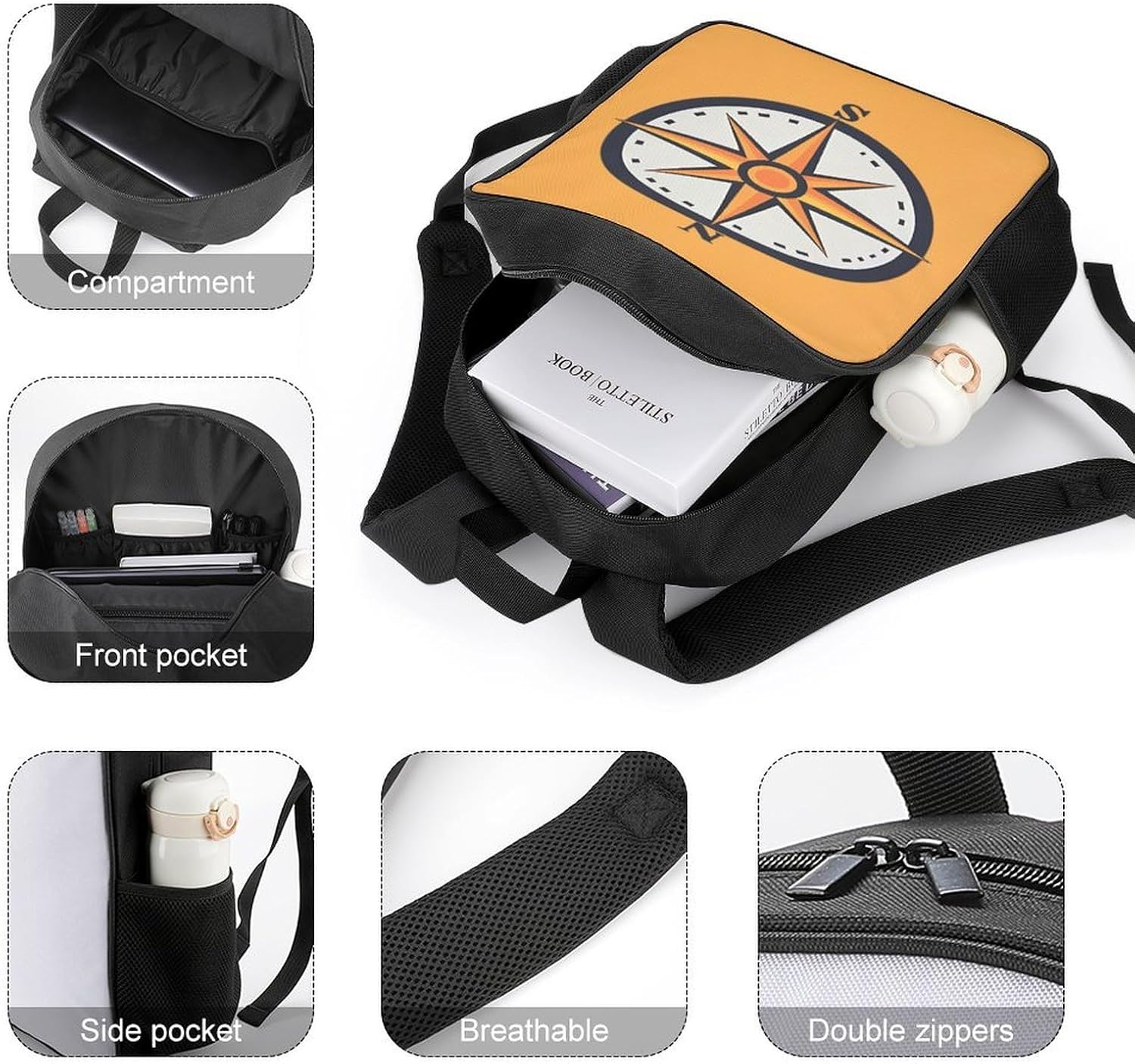 Nautical Compass Travel Backpack Casual Daypack Shoulder Bag with Adjustable Shoulder Straps for Hiking