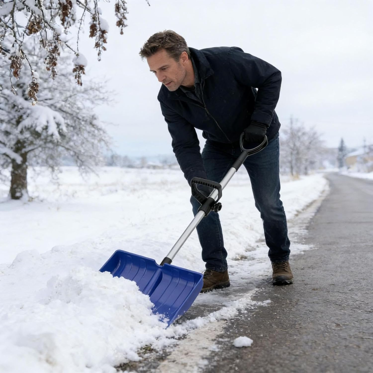 Detachable Large Snow Shovel with 41cm Wide Blade – Ergonomic Dual Handle, Aluminum Wear Strip, Portable Plastic Snow Shovel for Driveway, Sidewalk, Heavy Snow Removal (Blue/Black/Red/Orange) (Blue)