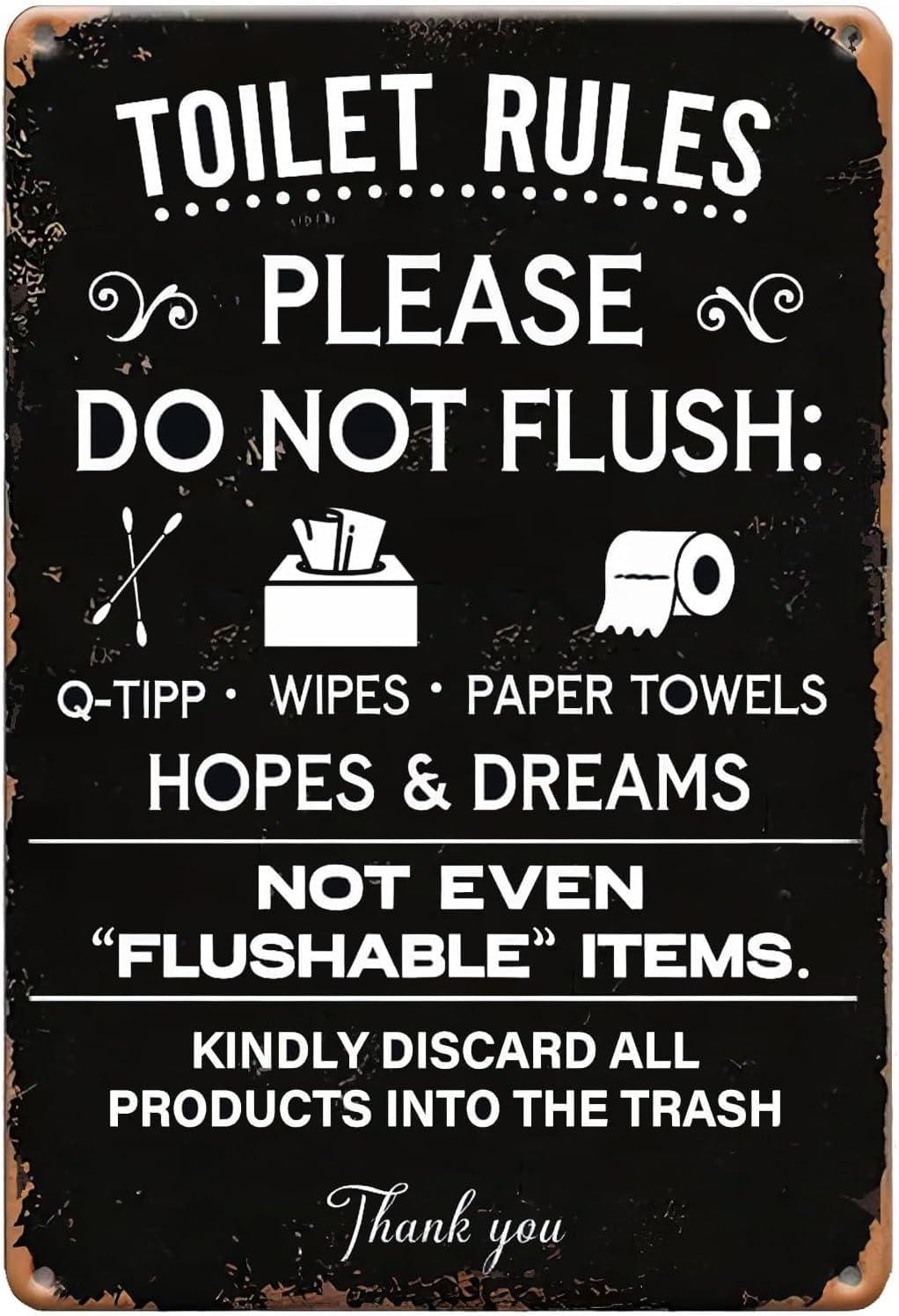 SMAZDFXX Toilet Rules Retro Metal Sign Kindly Discard All Products Into The Trash Funny Bathroom Decor Tin Signs for Home Garden Yard Bar Pub Garage Outdoor Man Cave Decor 12"x16"