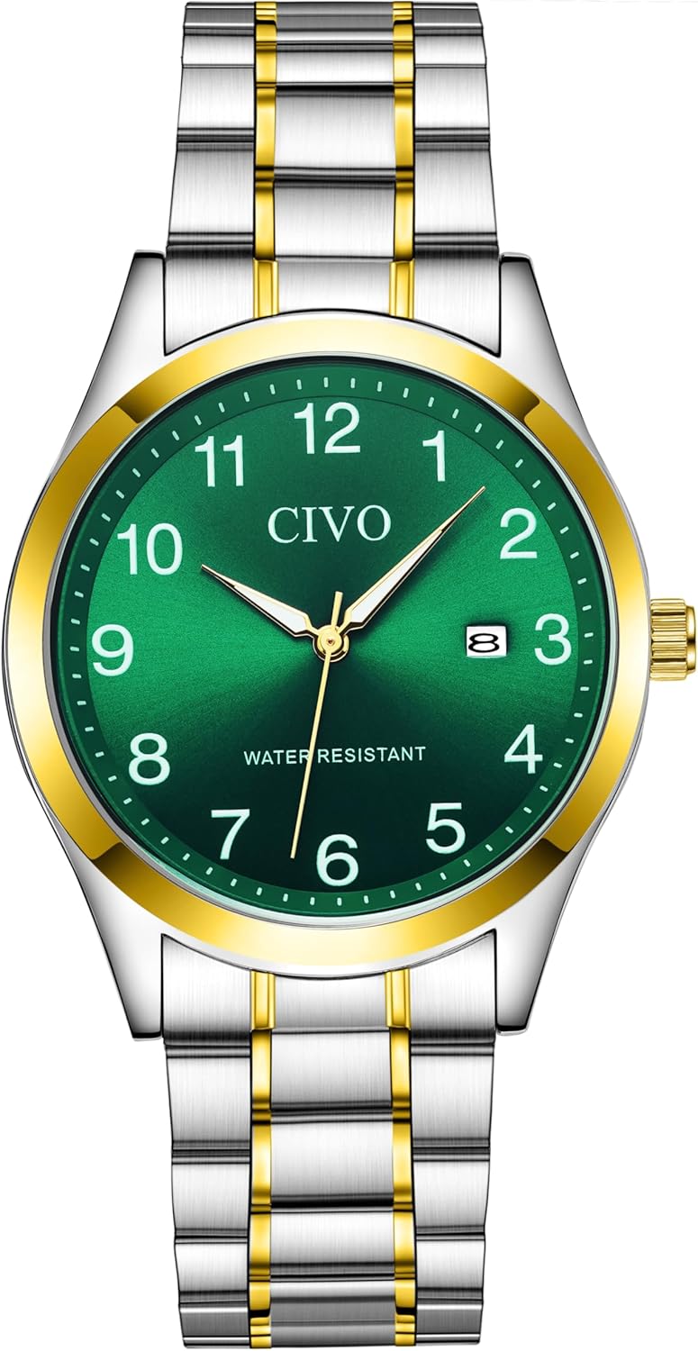 CIVO Silver Analog Watches for Men: Waterproof Quartz Stainless Steel Large Numbers Wristwatch with Luminous Hands Date - Easy to Read for Seniors Low Vision Gifts for Him