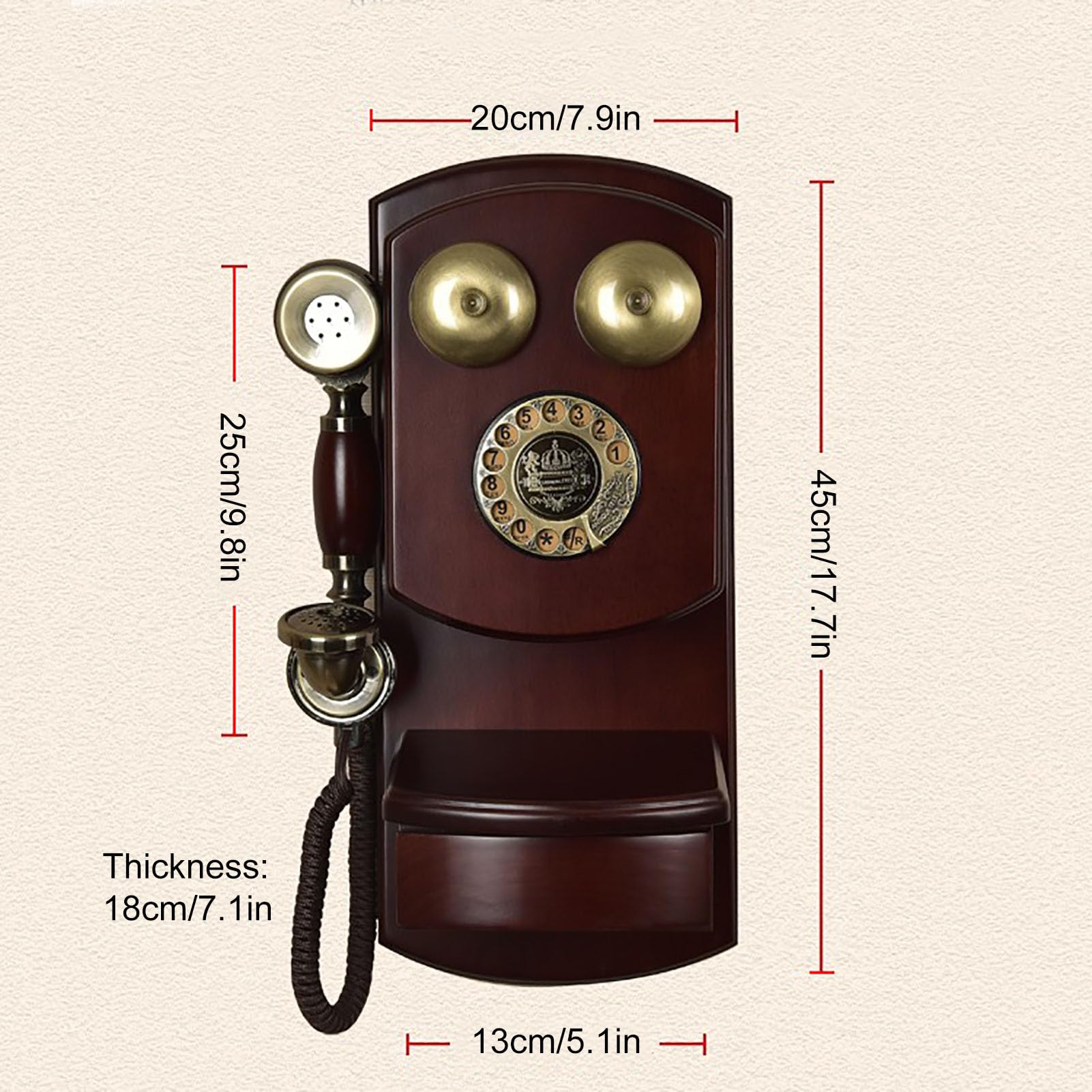 HJMMWT Telefon ścienny w stylu retro Stare, antyczne telefony Vintage przewodowy telefon stacjonarny z mechanicznym dzwonieniem Drewno dla seniora w domu, szkole, kuchni, biurze, czerwony