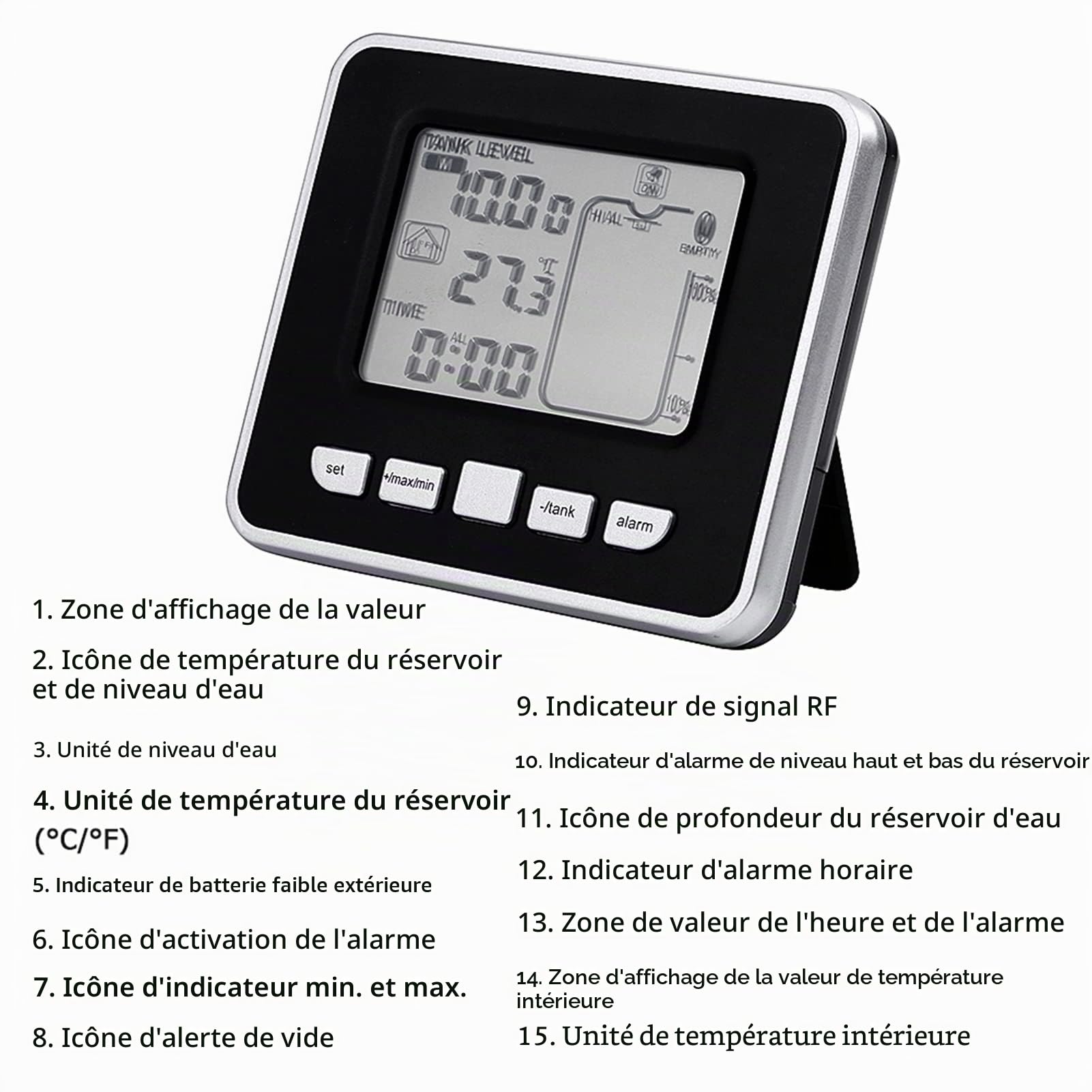 Capteur de Niveau de Profondeur de Liquide de réservoir d'eau à ultrasons Capteur de Niveau à ultrasons d'alarme Haute/Basse Vide et d'alerte avec température intérieure du réservoir