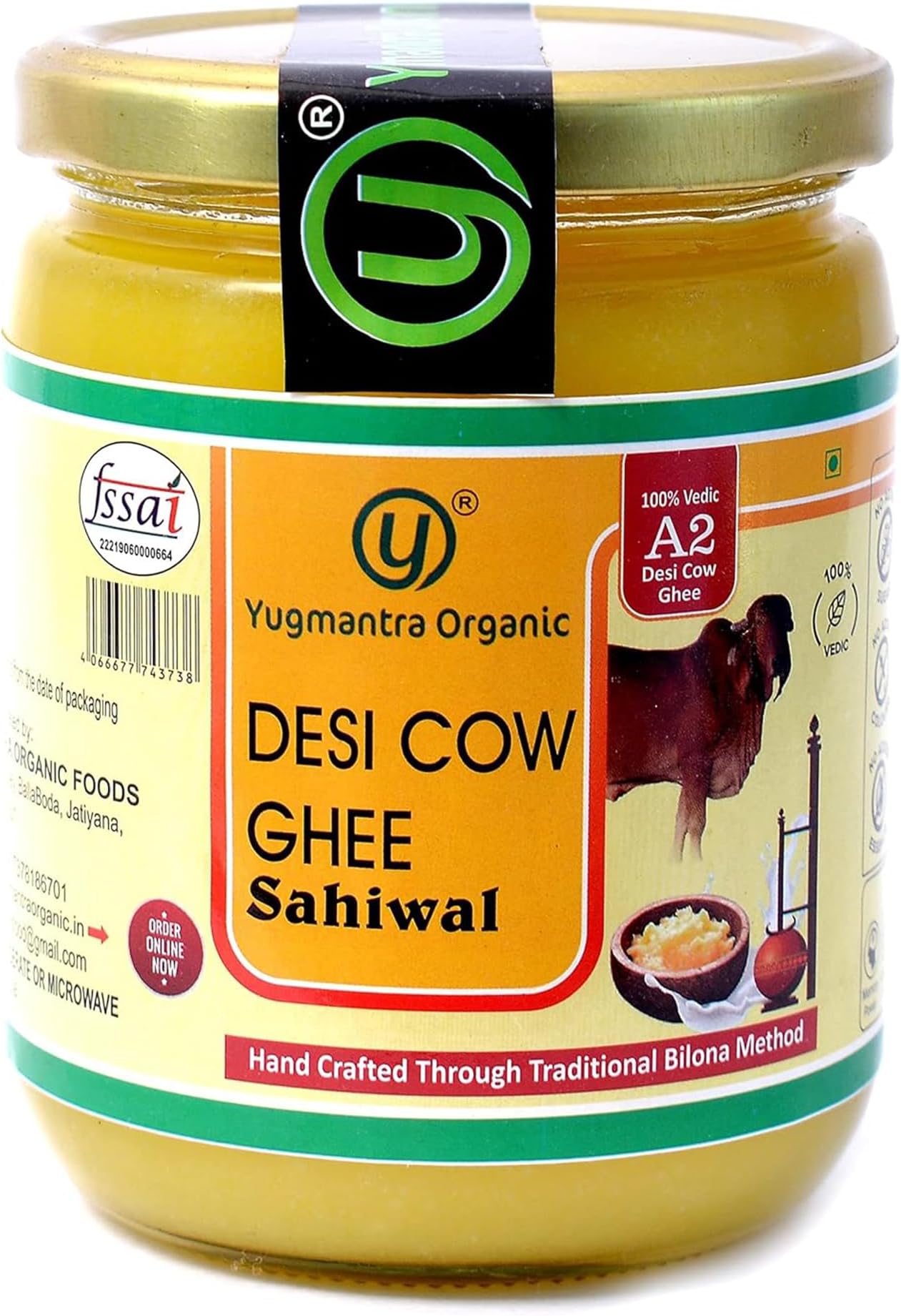 Yugmantra Organic A2 Sahiwal Desi Cow Ghee( 500ML ) | Natural Pure & Fresh Danedar | Grass-Fed | Curd-Churned | Cultured Ghee | Traditional Bilona Method | Lab tested | Premium Glass Jar Packing | Highly Nutritious | Made in Small Batches |