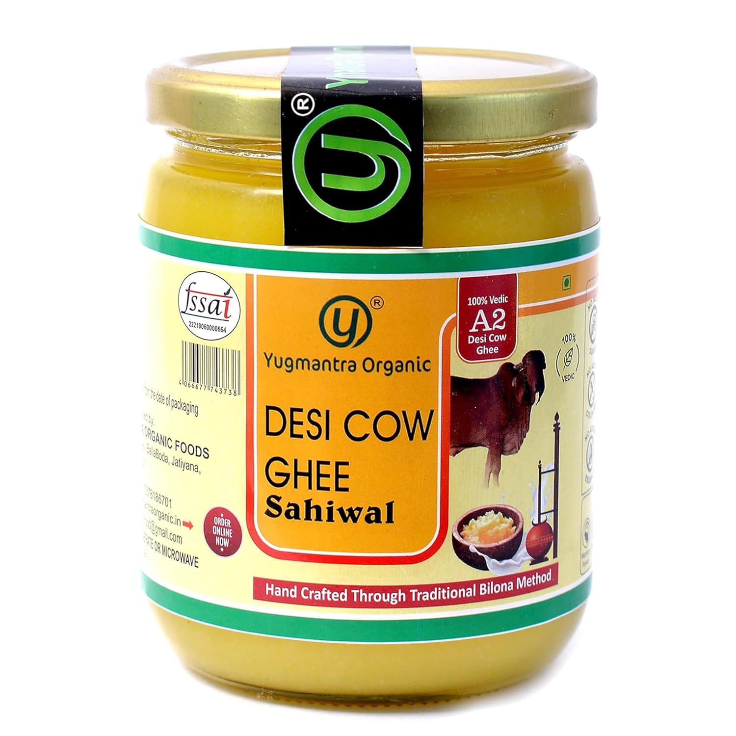 Yugmantra Organic Foods 100 % Pure Natural A2 Sahiwal Cow Milk Handmade Desi Ghee | From Bilona Curd Method | Grassfed, Golden, Grainy, Natural, Vedic & Fresh | Immunity Booster | Glass Jar 500 Ml