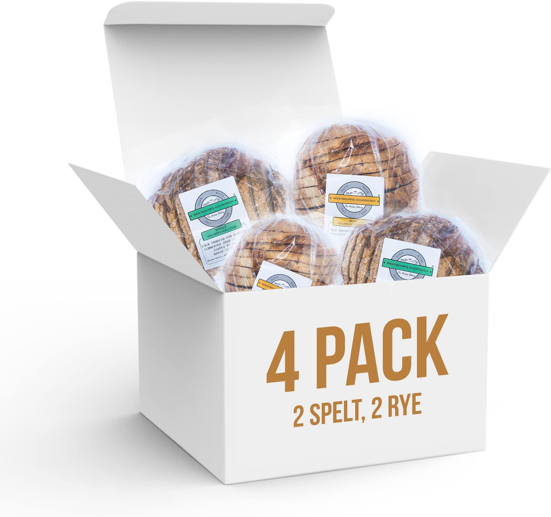 Westbourne Sourdough Bakery - 4 Fresh Loaves – One Day Delivery, Artisan Bread, Vegan Friendly, Hand Baked in UK - 650g (Mixed Pack – 2 Spelt, 2 Rye)