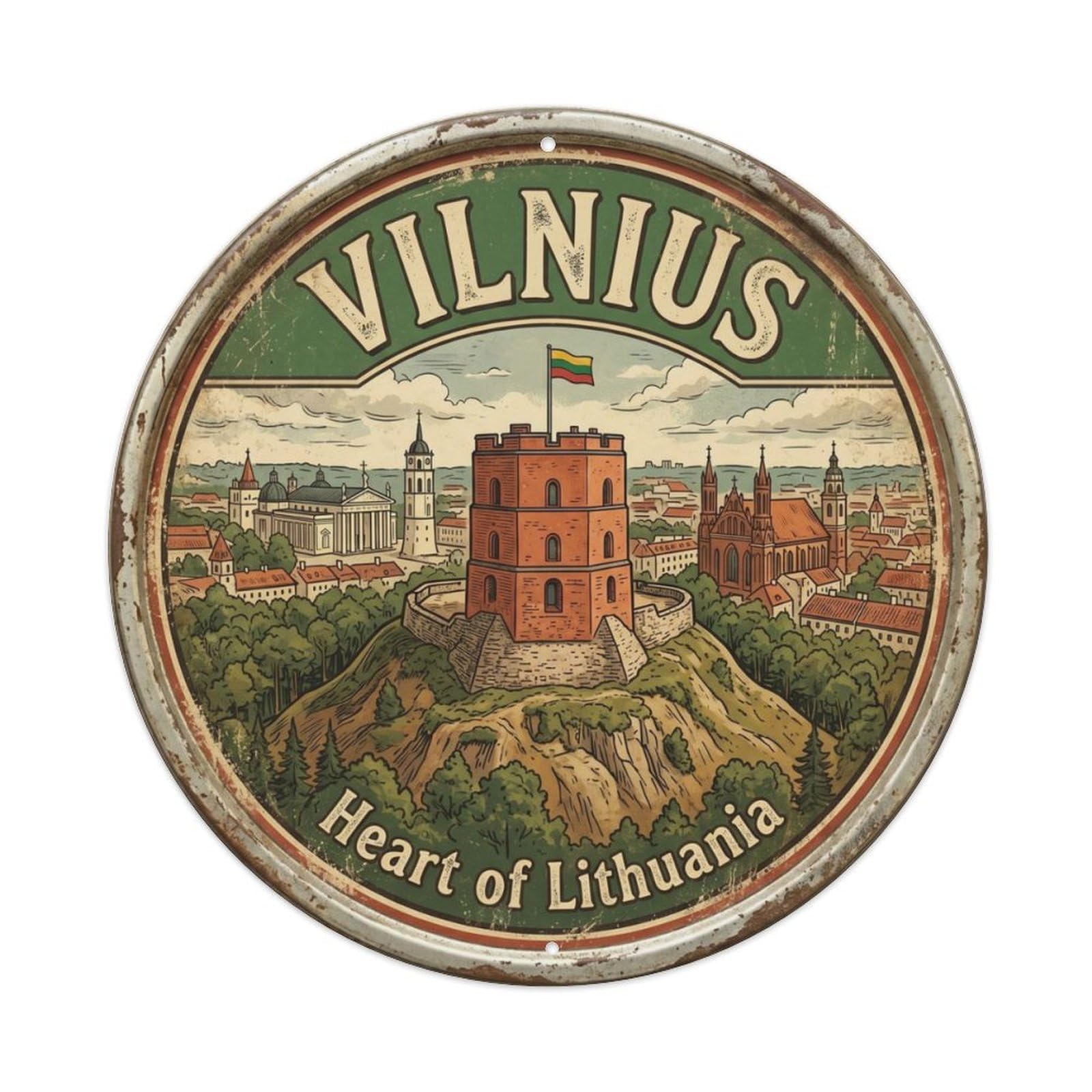 Vintage Travel Vilnius Tower Lithuania Metal Tin Sign Plaque Wall Decor for Cafe, Club Bar, Office, Home Garden Round Metal Poster 8x8Inch