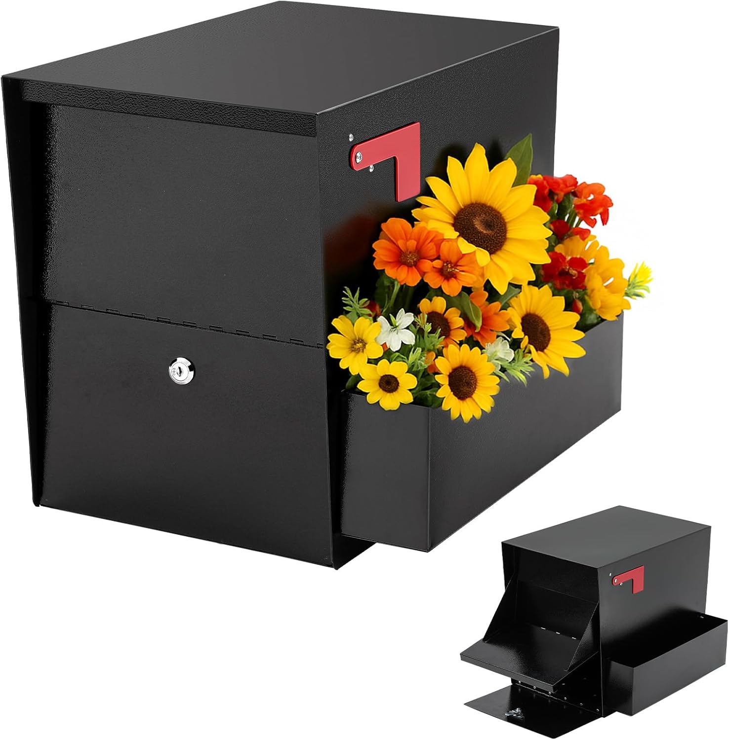 Locking Mailbox with DIY Planter Christmas Decoration for Outside House Large Capacity Post Mount Parcel Mail Box with High Security Reinforced Lock ＆ Magnetic Latch, Black (Mailbox Only)