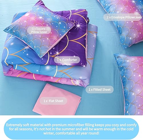 Miniatura 4 de RYNGHIPY Juego de edredón de sirena brillante de 6 piezas, color verde azulado y rosa, tamaño Queen, juego de ropa de cama para niñas con purpurina