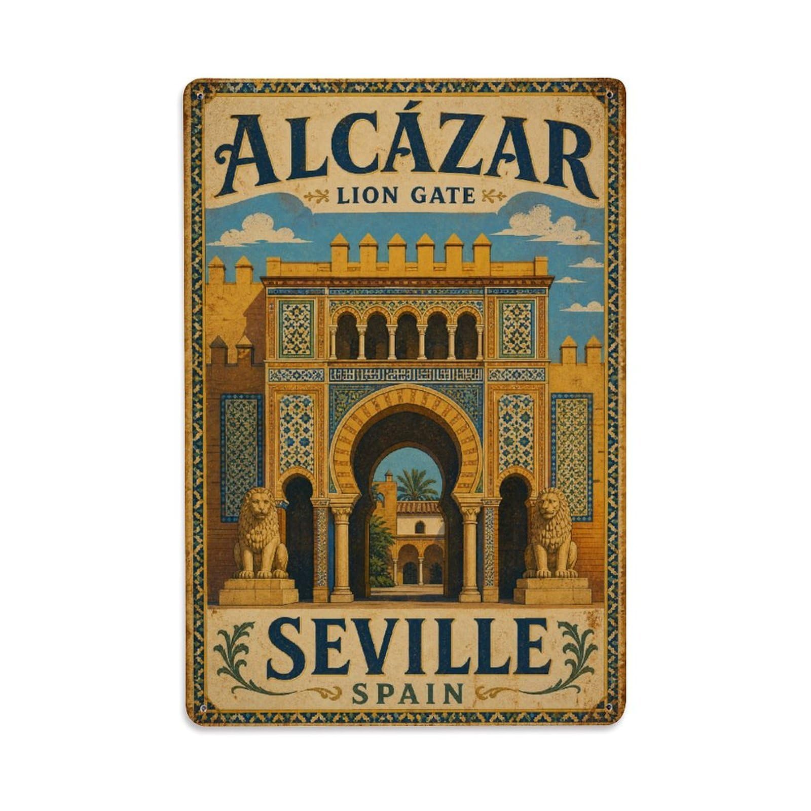Yrnq 08X12inch Vintage Style Vintage Alcazar Lion Gate Entrance Arches Tiles Spain Metal Tin Sign