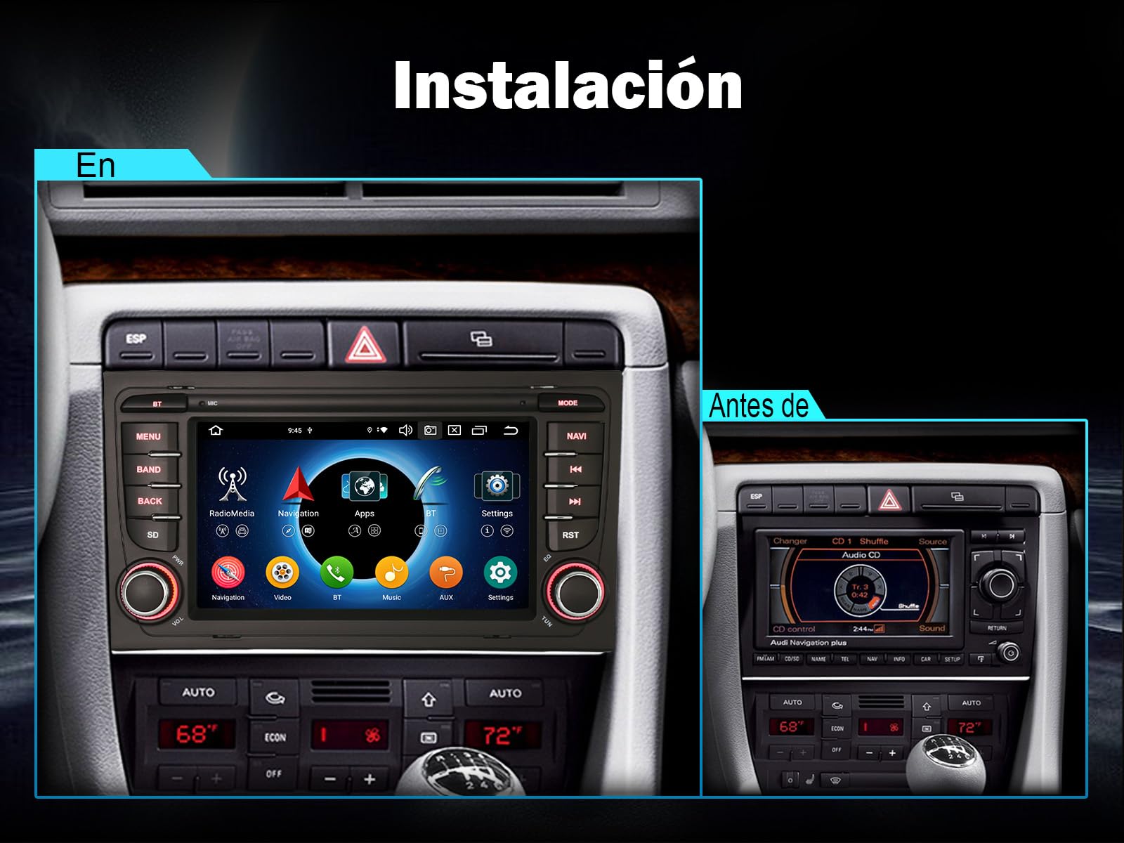 Android 14 8 Core Radio Coche con Pantalla Táctil Carplay para Audi A4 B7 S4 RS4 (2002-2007) & Seat Exeo Bluetooth 5.1 Android Auto DSP A2DP SWC WiFi Canbus Navegador GPS