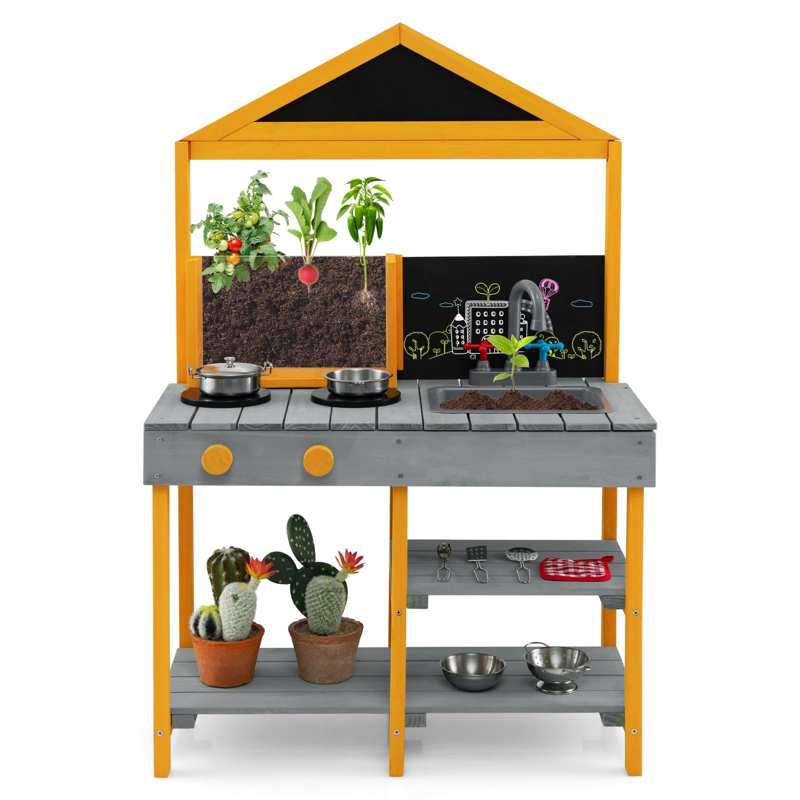 Maxmass Kids Mud Kitchen, Outdoor Wooden Children Play Kitchens with See-Through Planter Box, 2 Chalkboard, Sink, Faucet, Garden Toddler Toy Kitchen Cooking Playset for 3+ Years Old (Grey+Yellow)