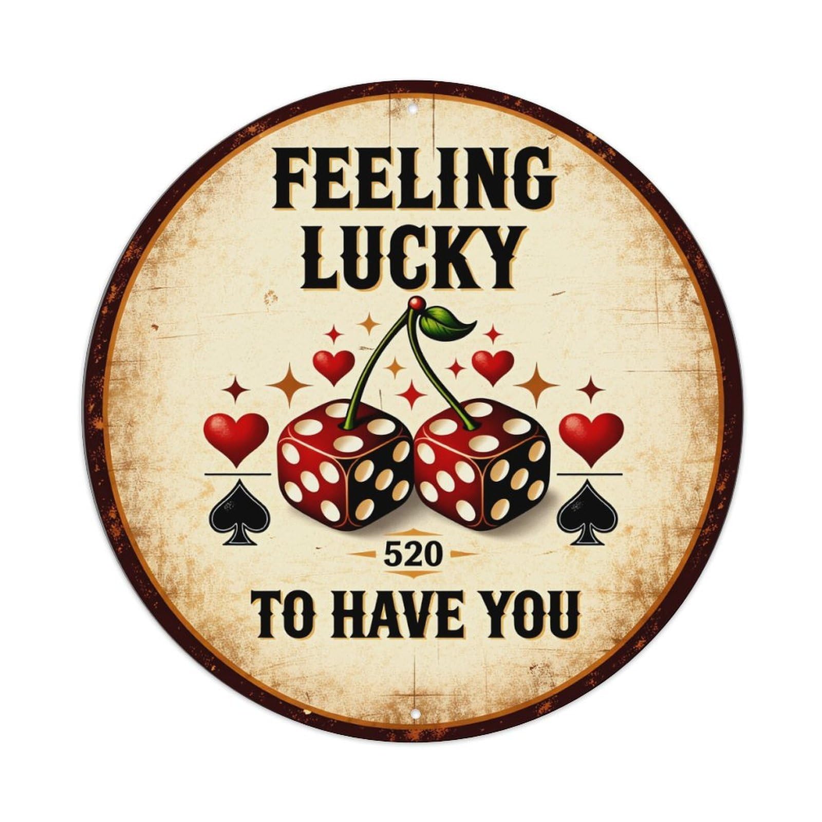 Feeling Lucky Dice Cherries Hearts Spades Retro Metal Tin Sign, Vintage Metal Poster for Bar, Home, Man Cave, Kitchen, Laundry Room Art Decor 8x8 Inch