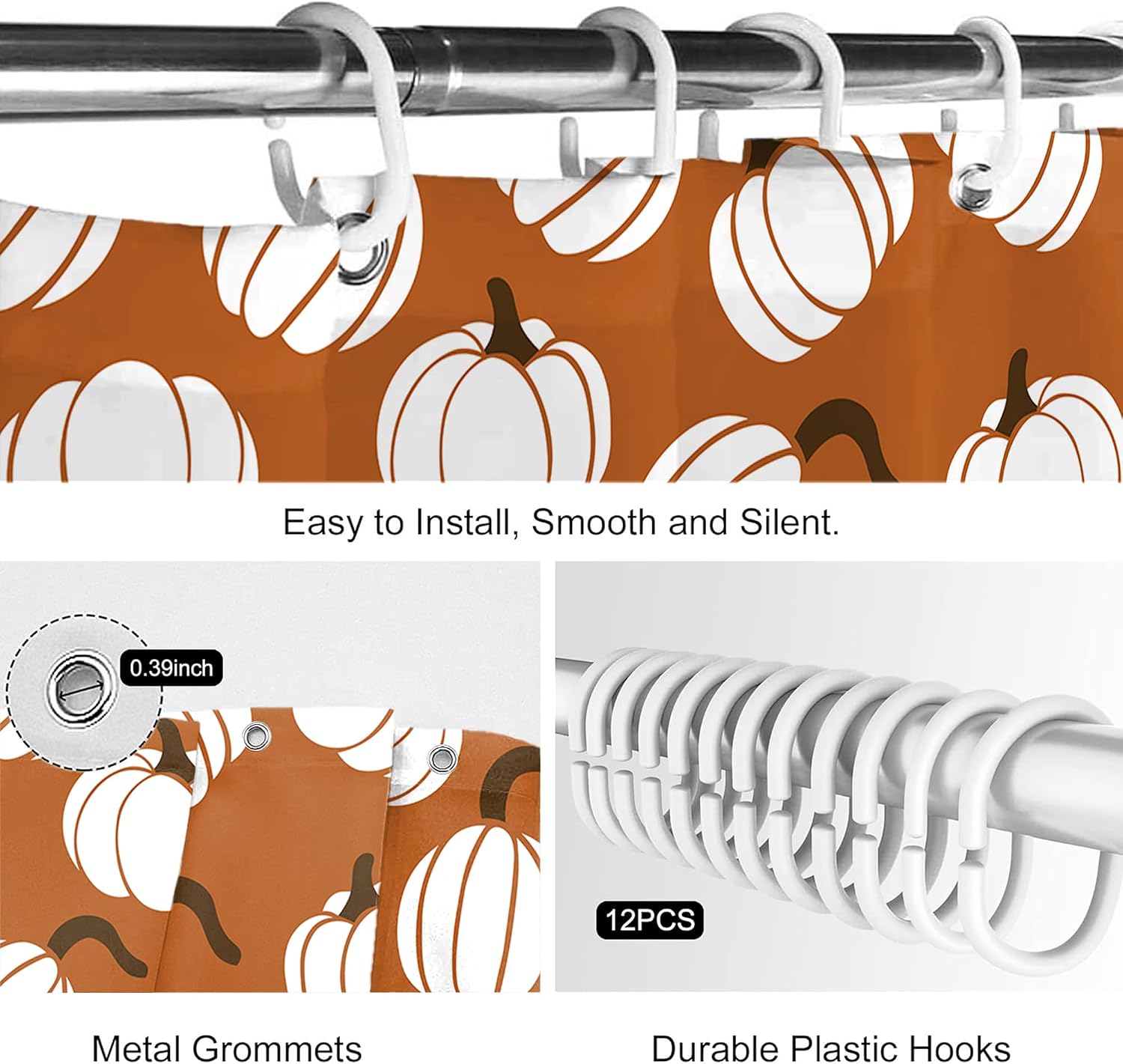 Fall Hello Pumpkin Shower Curtain, Fall White Pumpkin Bathroom Decor, Waterproof Washable Cloth Fabric Autumn Seasonal Thanksgiving Bathroom Shower Curtain Sets with 12 Hooks 72x72 Inches