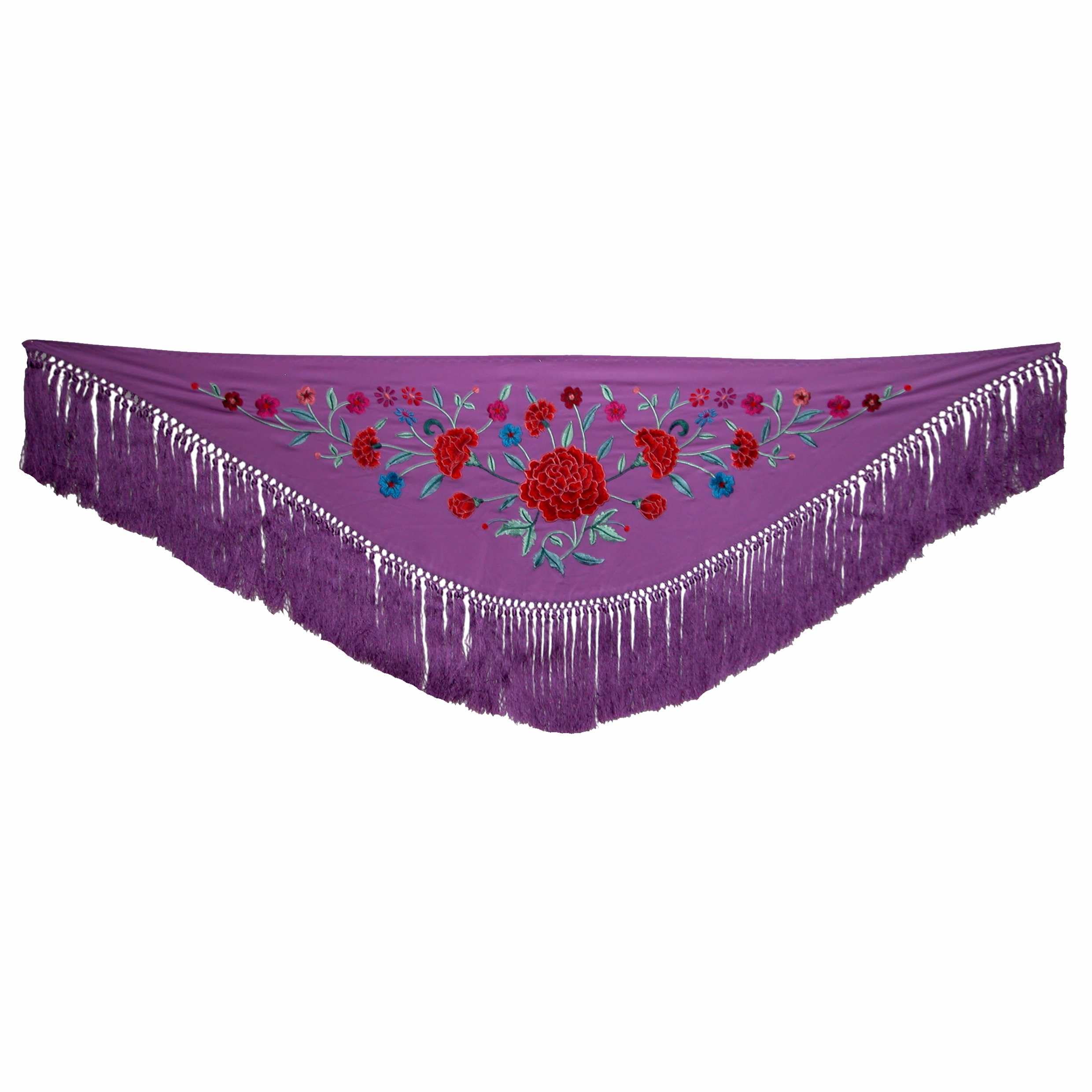 Mantoncillo corto bordado motivo claveles lila complemento traje de gitana 3