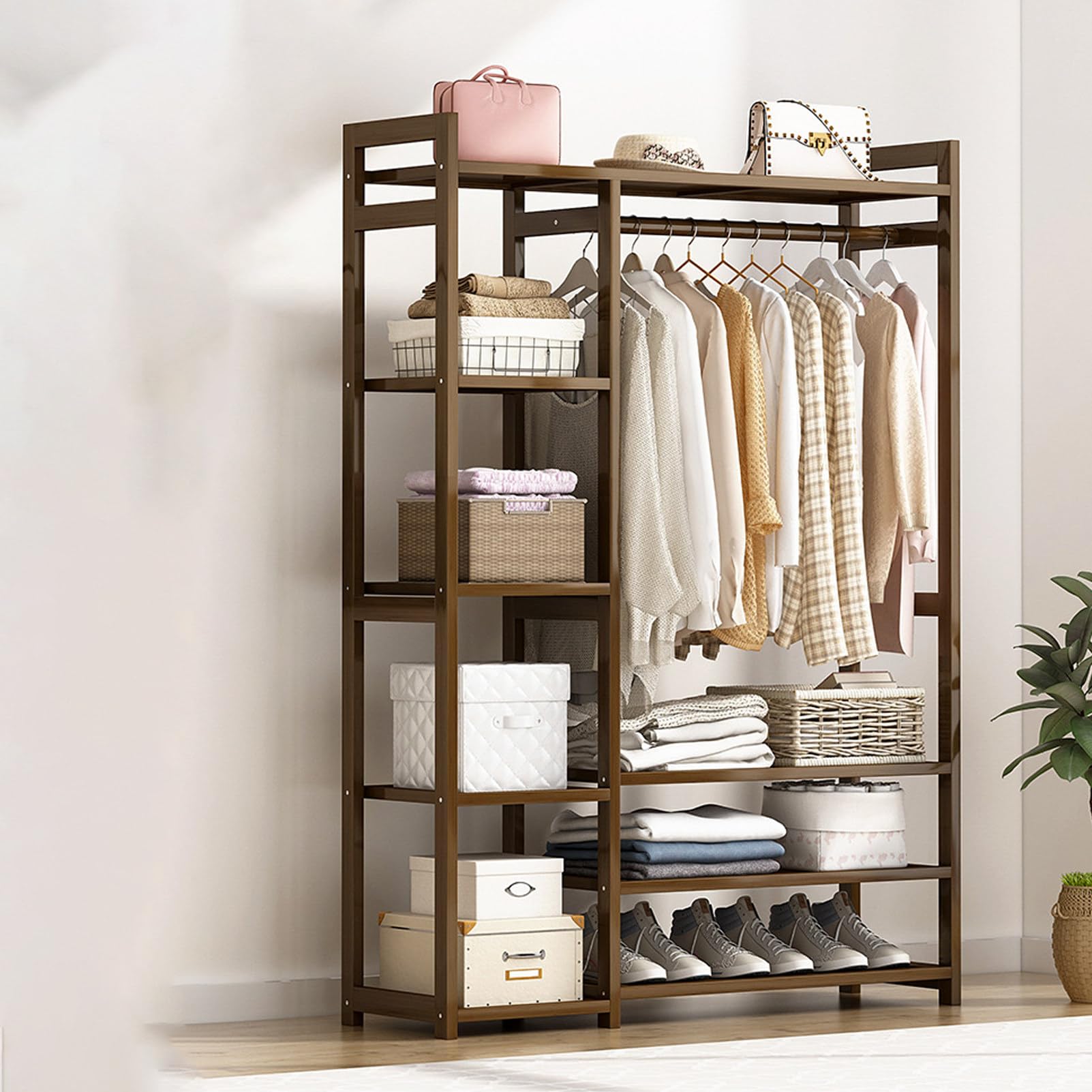 Pnpaea Bamboo Clothes Rail, Garment Rack with Storage Shelves Back and Tidy Rail, Open Wardrobe Closet, Clothing Standing Rack for Bedroom Hallway Entryway B(110mm)
