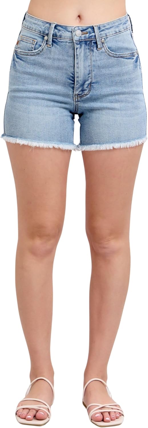 Judy Blue High Waist Tummy Control Light Wash Fray Hem Shorts