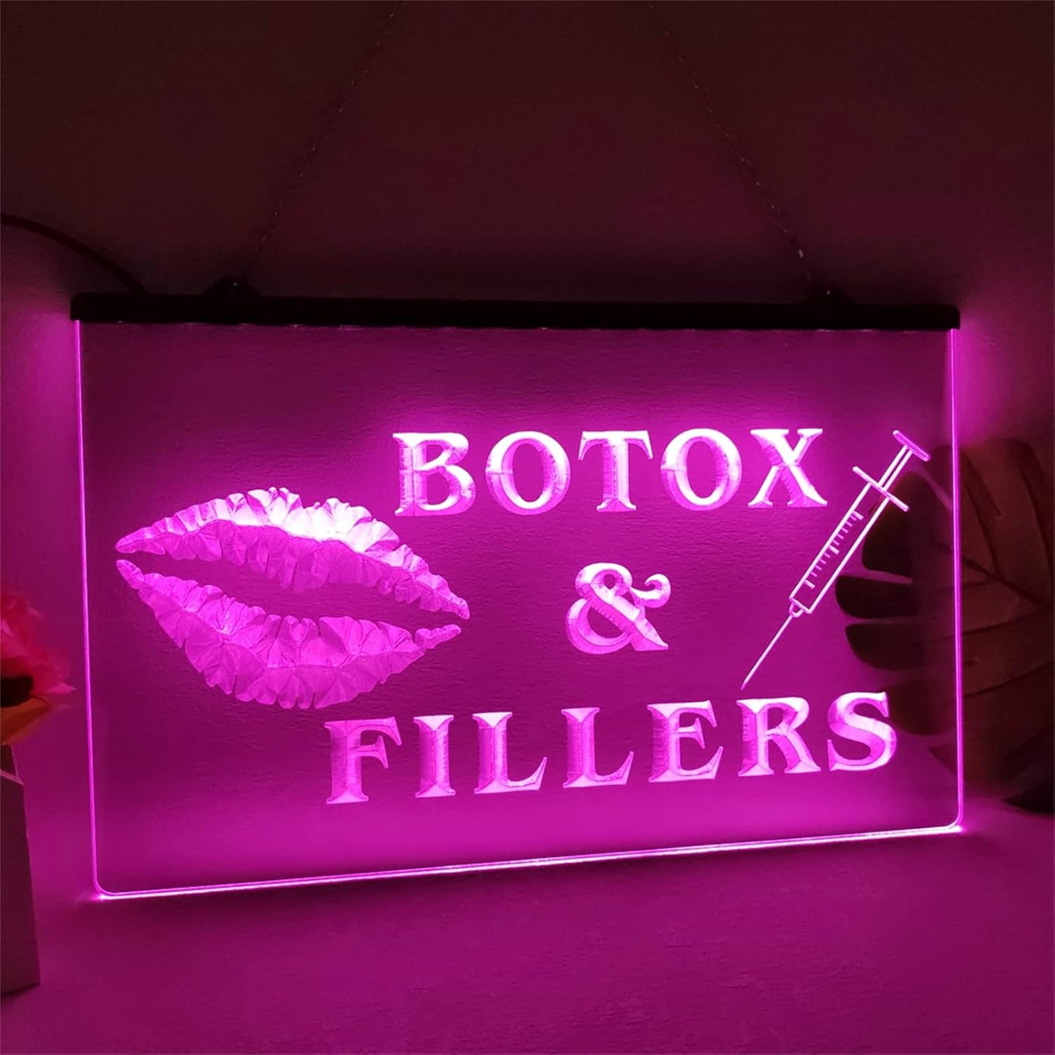 Botox Fillers Neon Sign Lips Syringe LED Neon Sign Tattoo Parlor Beauty Shop Open Sign Home Decoration Bedroom Wall With Hanging Chain,A,15.7"x11.8"