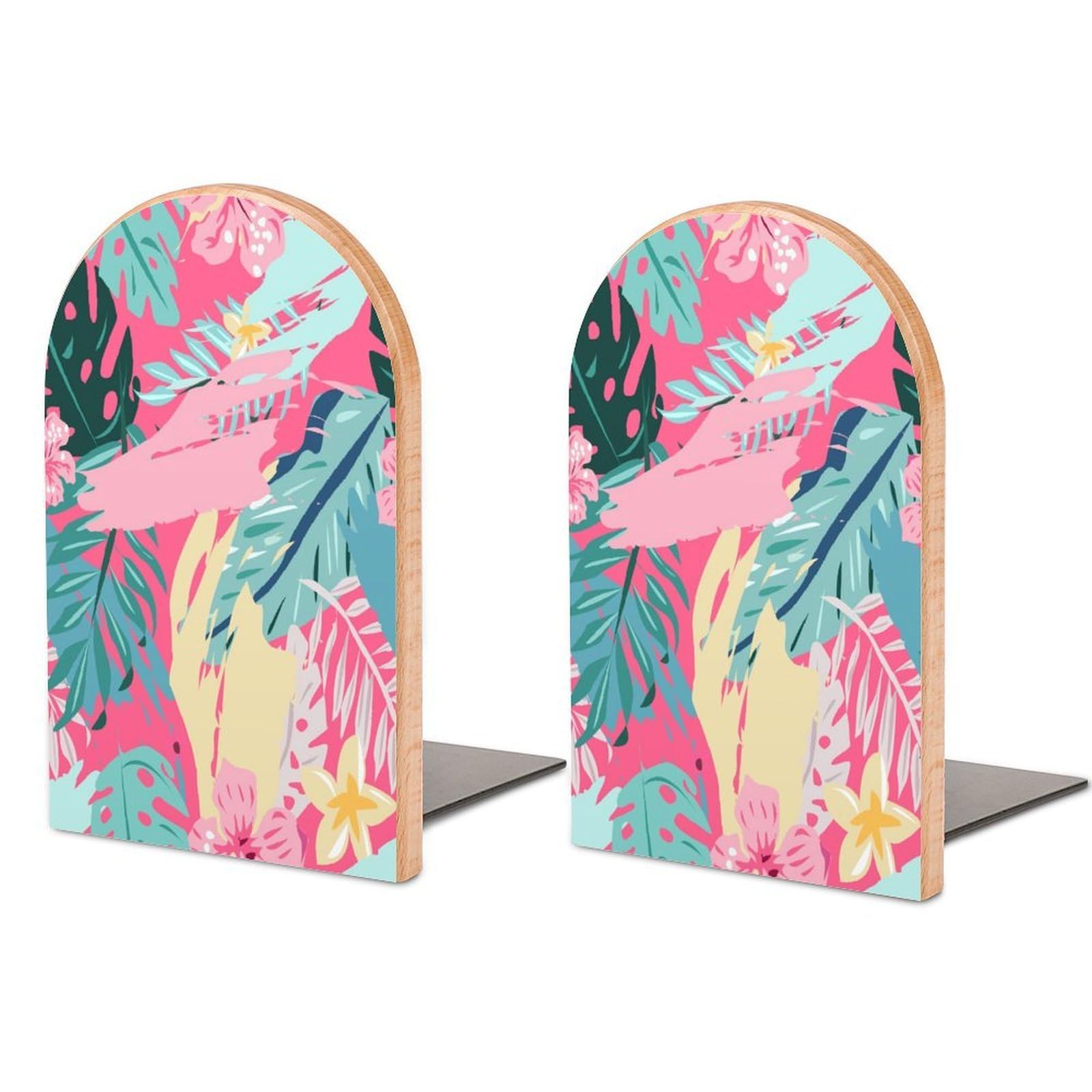 Seamless Ultraviolet Tropical Palm Leaves Flowers. Beech Wood Bookends Heavy Duty Book Organizers Desktop File Holder for Office Home Bookshelf