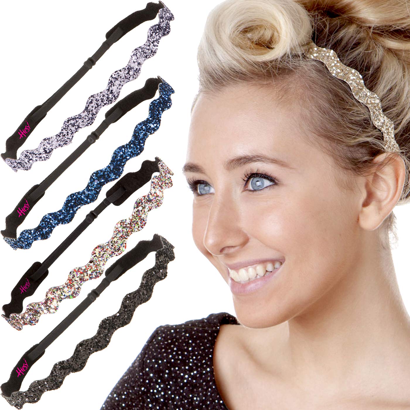 Hipsy PETITE Size, Adjustable No Slip Sparkly Bling Glitter Wave 5pk Headbands for Women Girls & Teens (Wave Gold/Black/Confetti/Navy/Gunmetal)