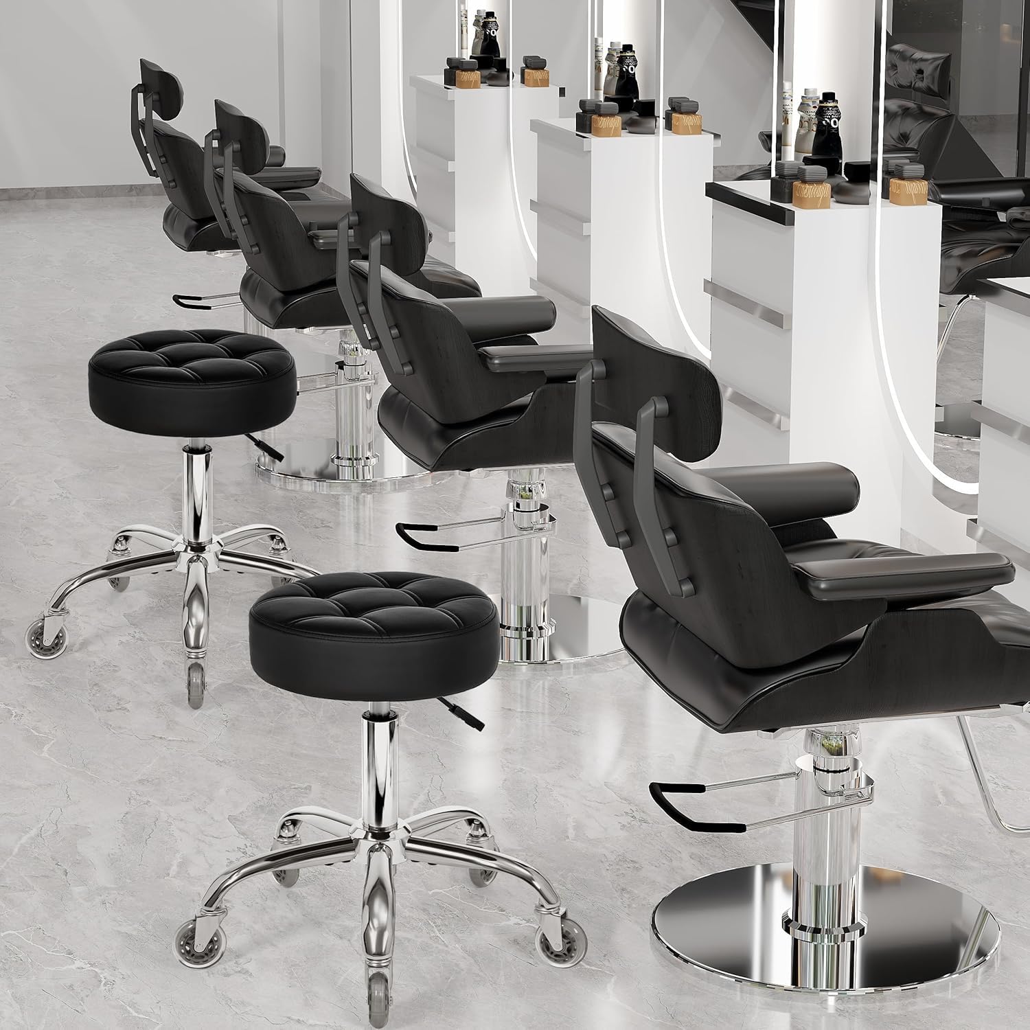 BEWISHOME Taburete con Ruedas, Ajustable giratoria de 360°, Silla de Piel sintética Resistente para Asiento Grueso,Peso de 200 kg, para salón de Belleza, SPA, clínica(Negro)