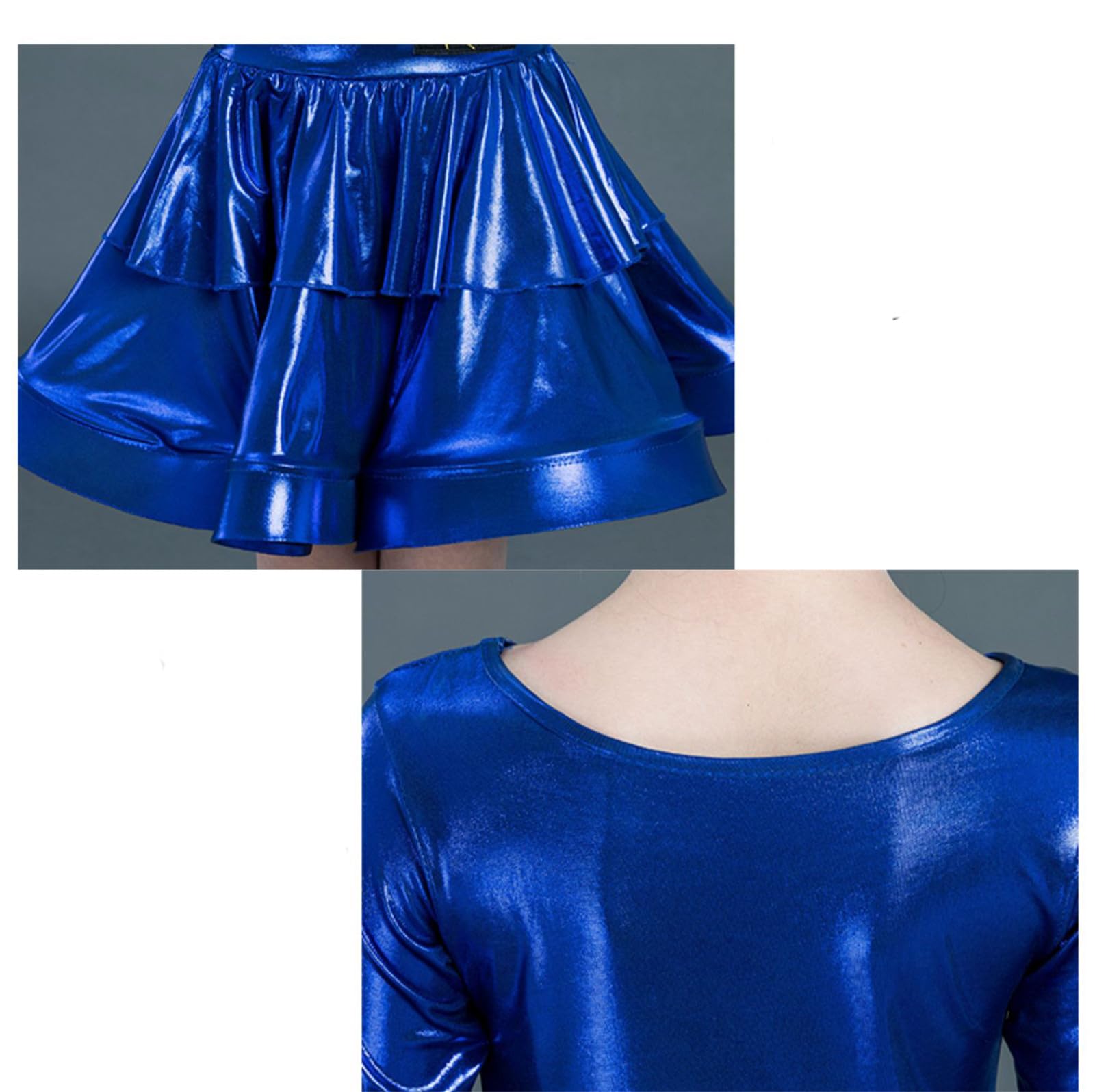 Grazioso Completo da esibizione per Bambini - Gonna a Pieghe Classica a Maniche Lunghe, Orlo Arruffato - Gonna a Battente per Feste da Ballo Brillante Samba Tango Cha-Cha