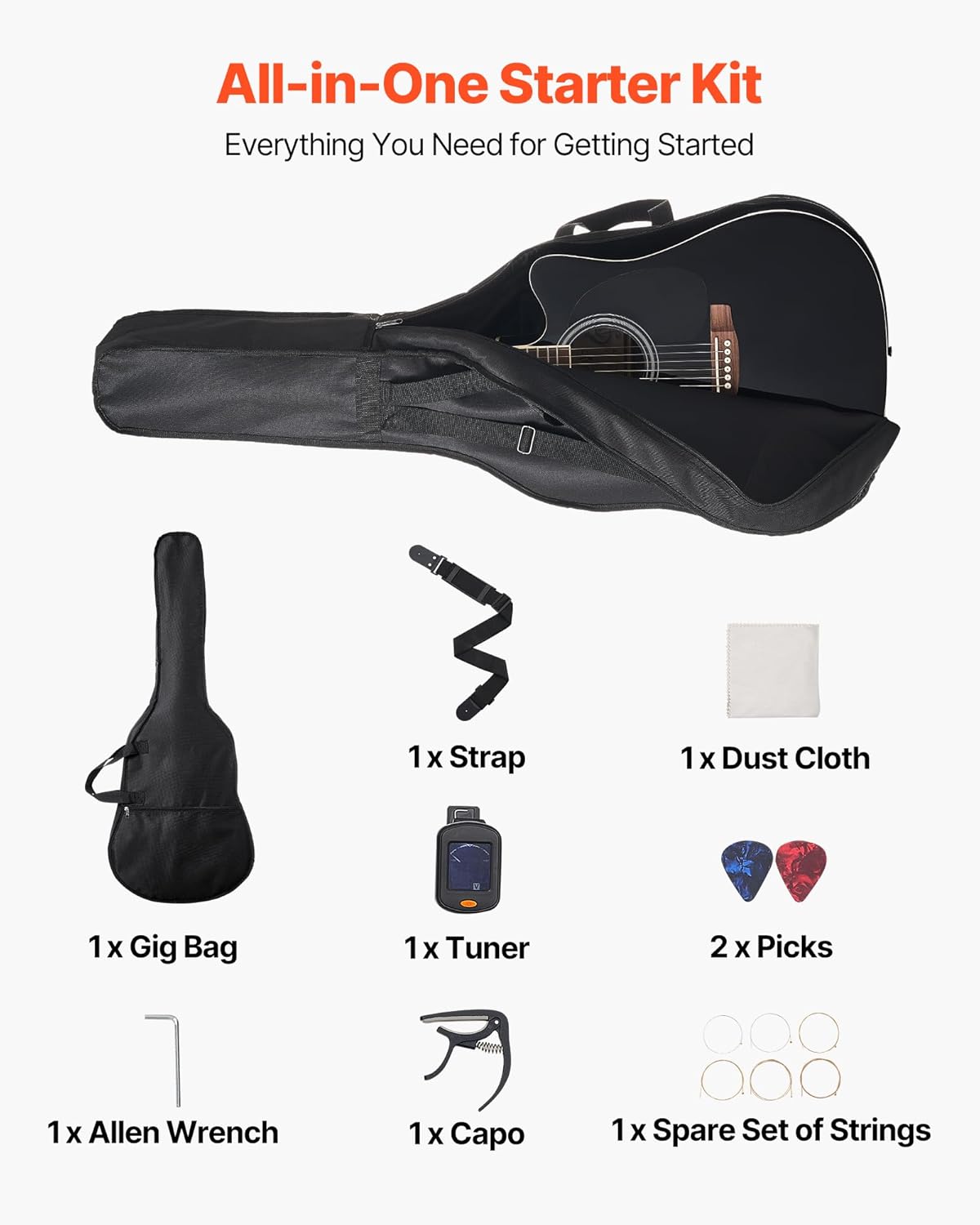 VEVOR Cutway Acoustic Guitar, 41 in, 6-String Black Solid Spruce Top Guitar, Beginner Bundle with Gig Bag, Tuner, Strap, Strings, Picks, Capo, Rosewood Fingerboard, for Adult Fingerstyle Solo Jazz