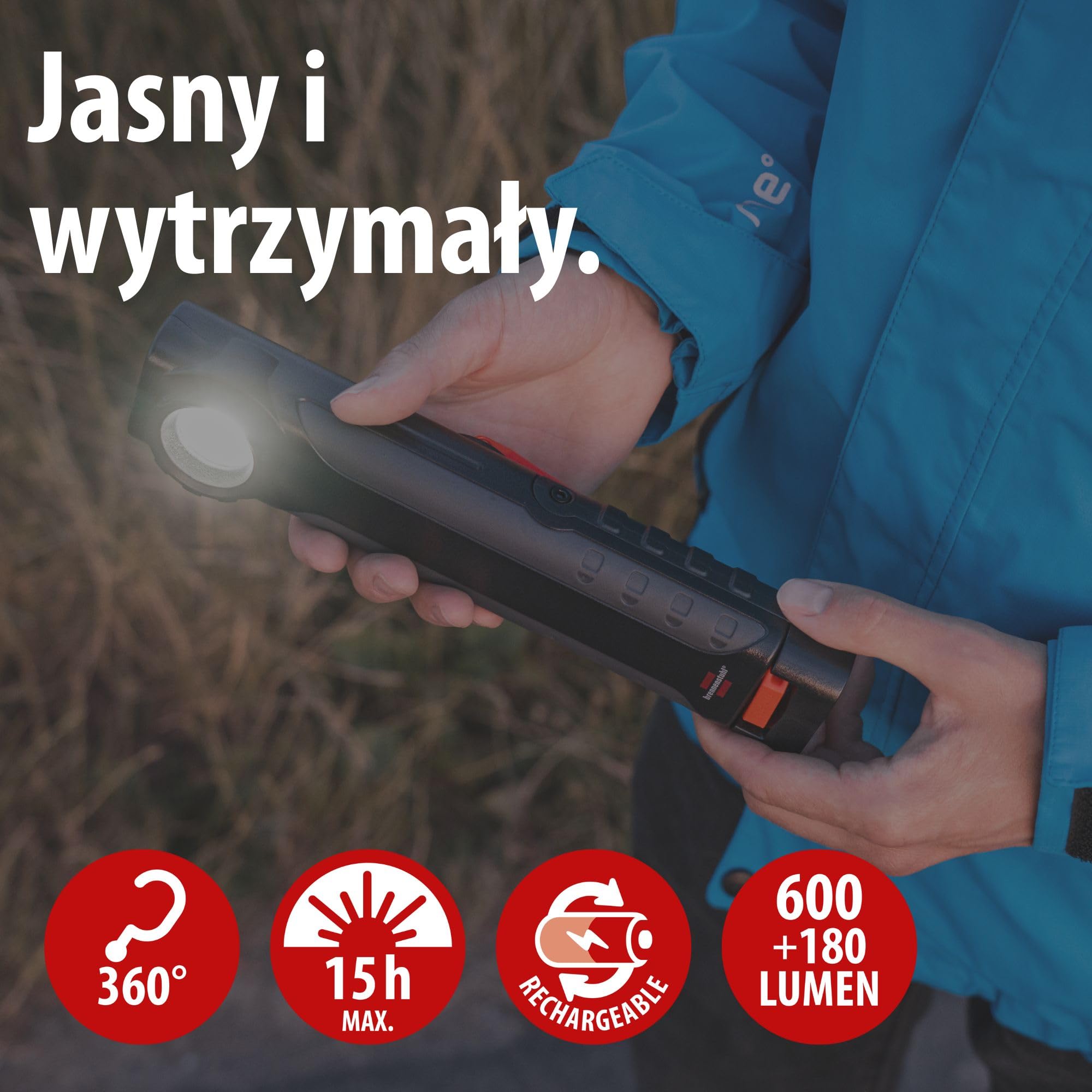 Brennenstuhl HL 600 AD/akumulatorowa lampka ręczna LED dynamo z akumulatorem i kablem USB-C (600+180lm, IP54, IK08, światło robocze o czasie świecenia do 15 godzin, z haczykiem i magnesami)