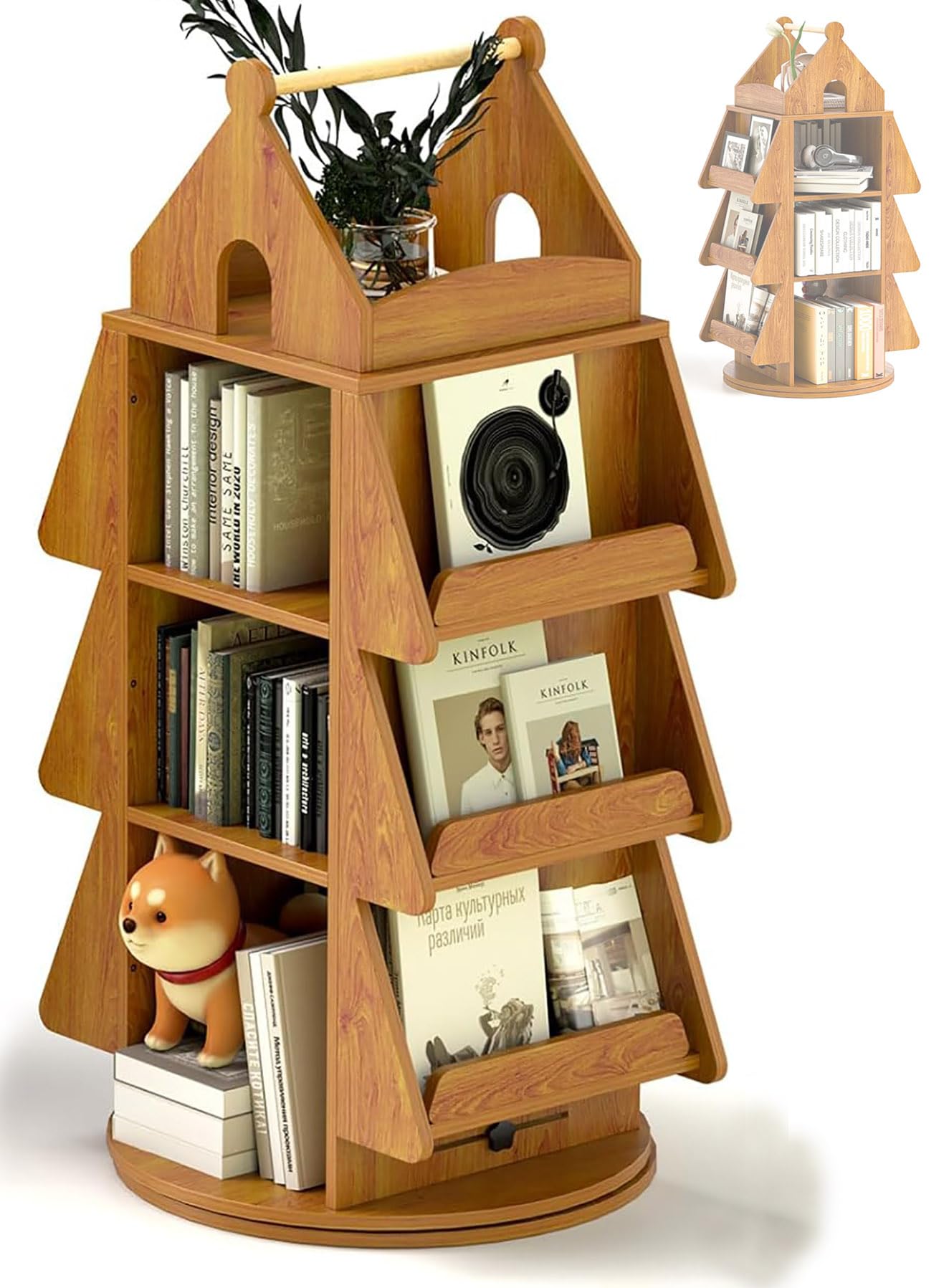 DFENG Estantería de madera giratoria de 4 niveles, estantería para libros infantiles, estantería de pie giratoria de 360°, estantería multifuncional, estantería estrecha giratoria de 360 grados