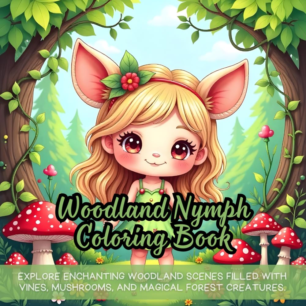 Woodland Nymph Coloring Book: Explore enchanting woodland scenes filled with vines, mushrooms, and magical forest creatures.