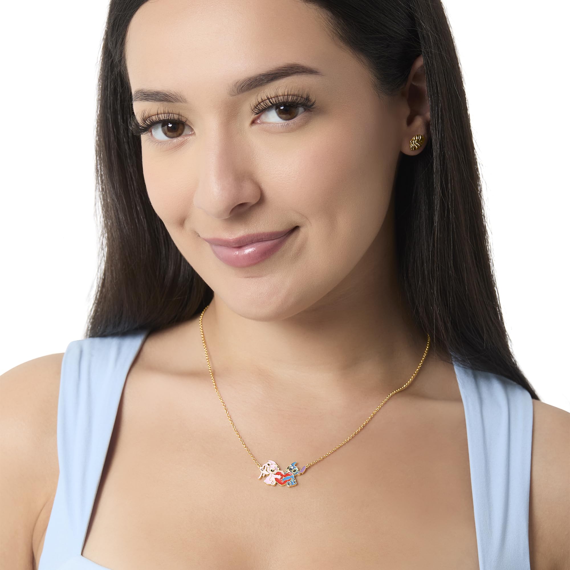 Disney Womens Stitch and Angel Heart Pendant Necklace 18" Official License, 18kt Gold Flash-Plated
