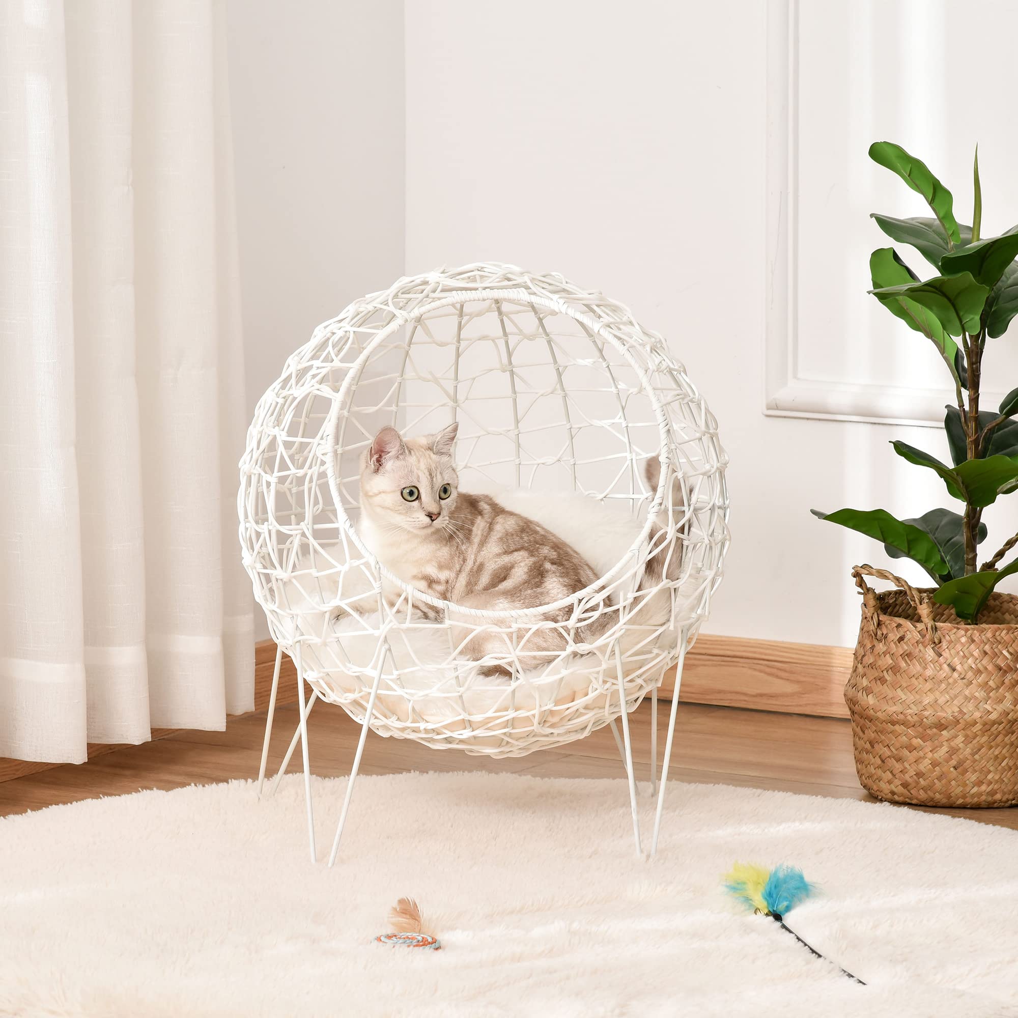 PawHut Rotan kattenmand, kattenhuis, kattenhok met kussen voor katten tot 4 kg, huisdierbed, kattenmand, indoor, PE-rotan, 50 x 31 cm, lichtbruin