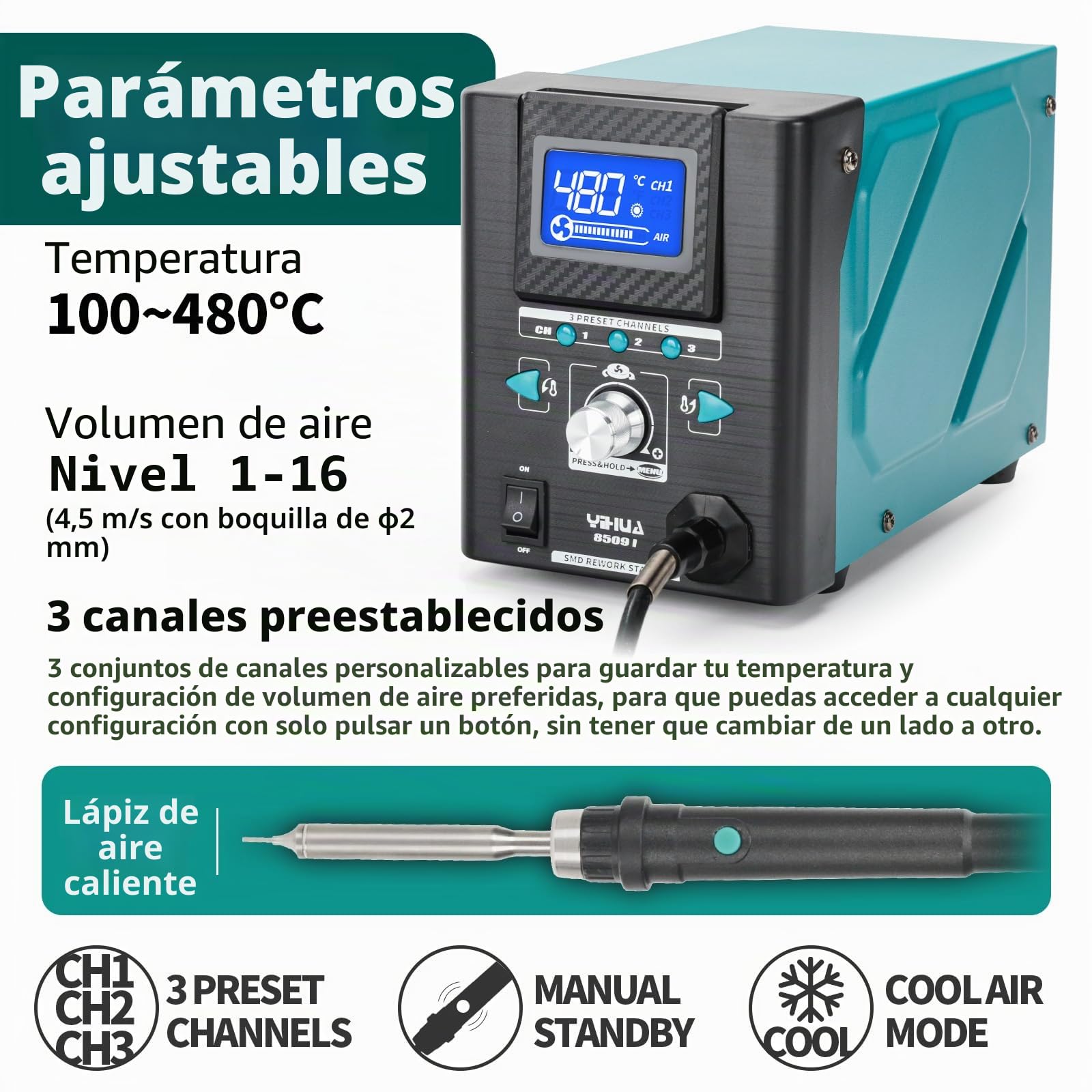 YIHUA 8509-I Estacion Soldadura Aire Caliente Soldador Aire Caliente con Calentamiento Rápido Pantalla Inclinable 3 Canales Preestablecidos 8 Boquillas para Retrabajo y Reparación SMD Microsoldadura