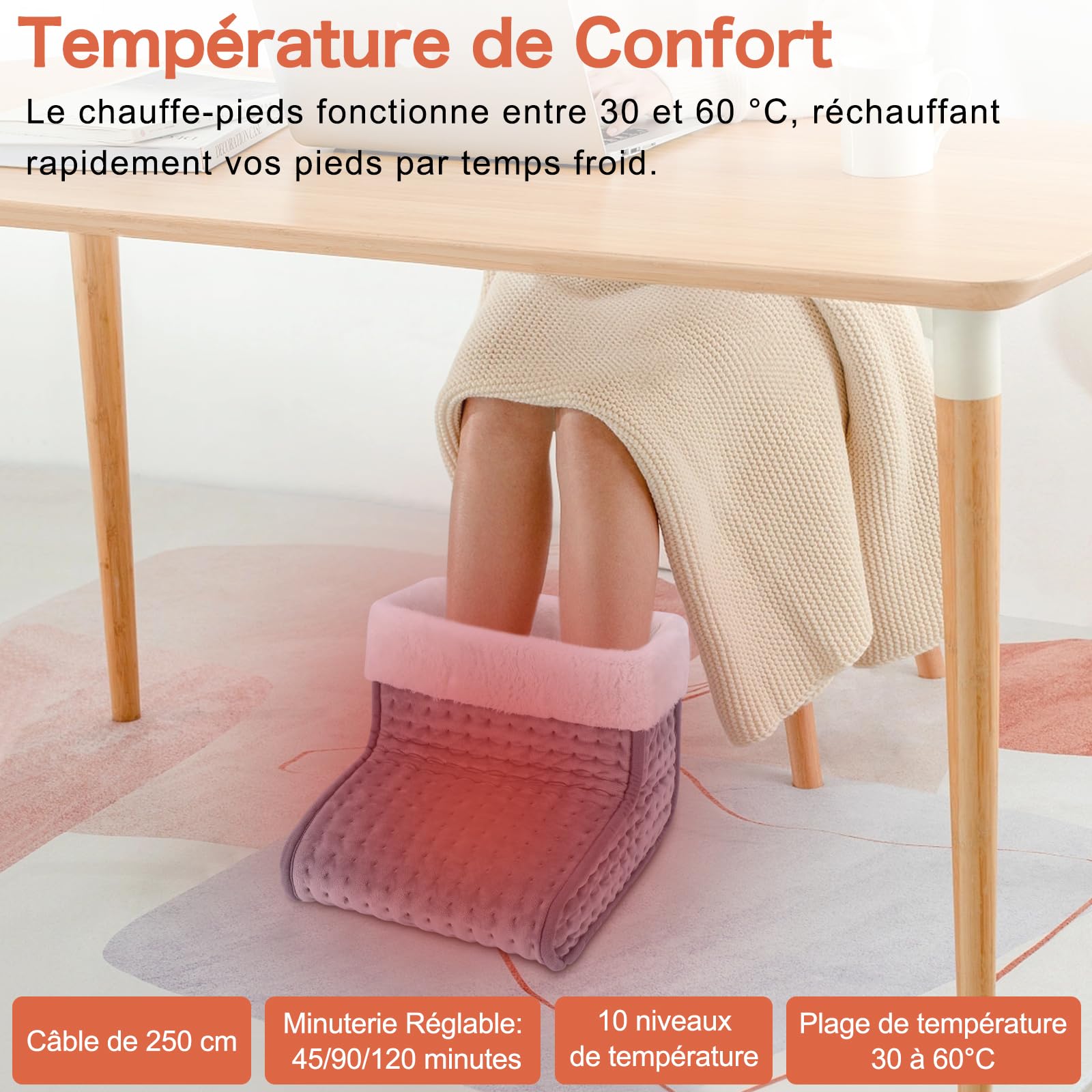 DEWEL Chauffe-pieds électrique 90 W 10 Niveaux de Température 30-60 ℃ Minuterie 45/90/120 min Doublure Amovible et Lavable Jusqu'à la Taille 44