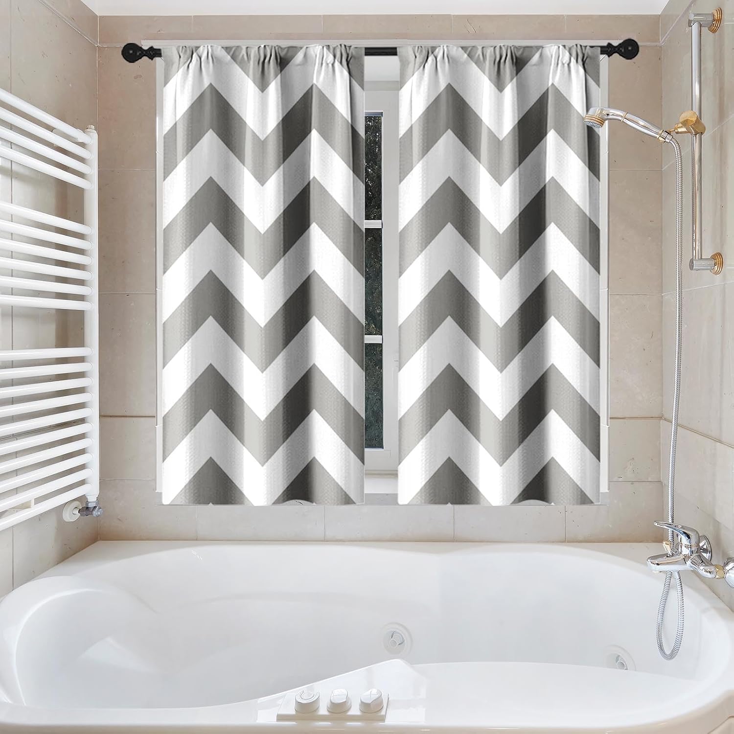 Chevron Striped Modern Gray White Shower Curtain Set, Wave Zig Zag Minimalist Herringbone Farmhouse Bathroom Window Waffle Cloth Waterproof Shower Curtains for Bathroom Decor