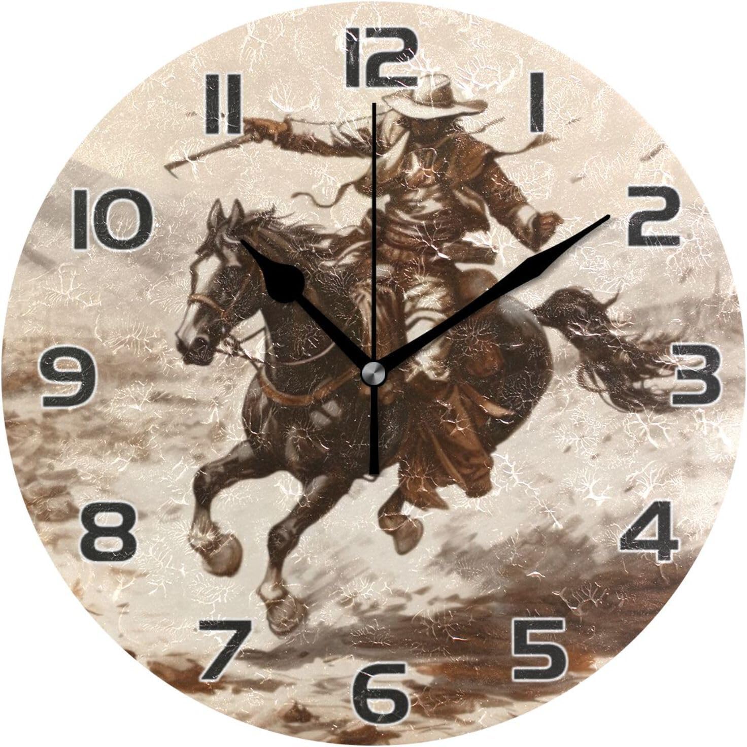 Western Desert Cowboy Wall Clock Spherical Classic Silent Non Ticking Battery Operated Correct Arabic Numerals Design for Dwelling Kitchen Residing Room Bed room 10 Inch