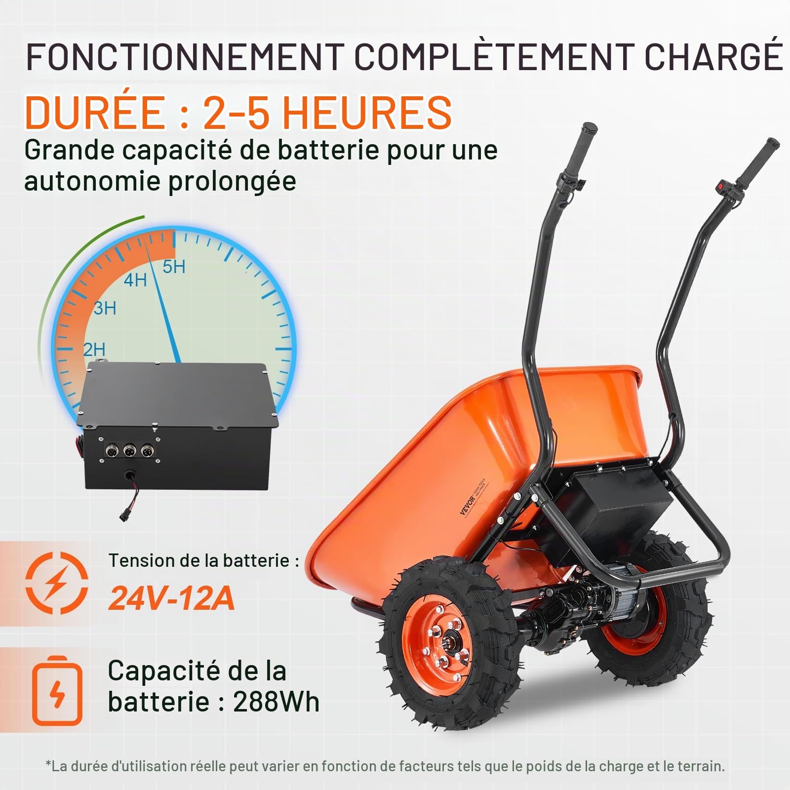 VEVOR Brouette Électrique 2 Roues Chariot de Jardin Motorisé 500 W, Poignée Métal, Roue Large 40 cm, 260 kg, Chariot Utilitaire Chargement Facile pour Ferme, Pelouse, Extérieur, Jardinage, Entrepôt