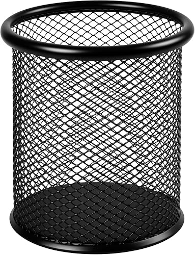 Black Metal Mesh Pen Holder Cup, Round Wire Pencil Organiser for Home and Office Desk, 10cm