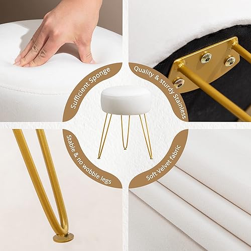 Miniatura 5 de LUE BONA Vanity Stool, White Vanity Stools for Makeup Room, Round Ottoman Foot Stool, Velvet Footrest Vanity Chair for Bathroom Vanity, Bedroom,