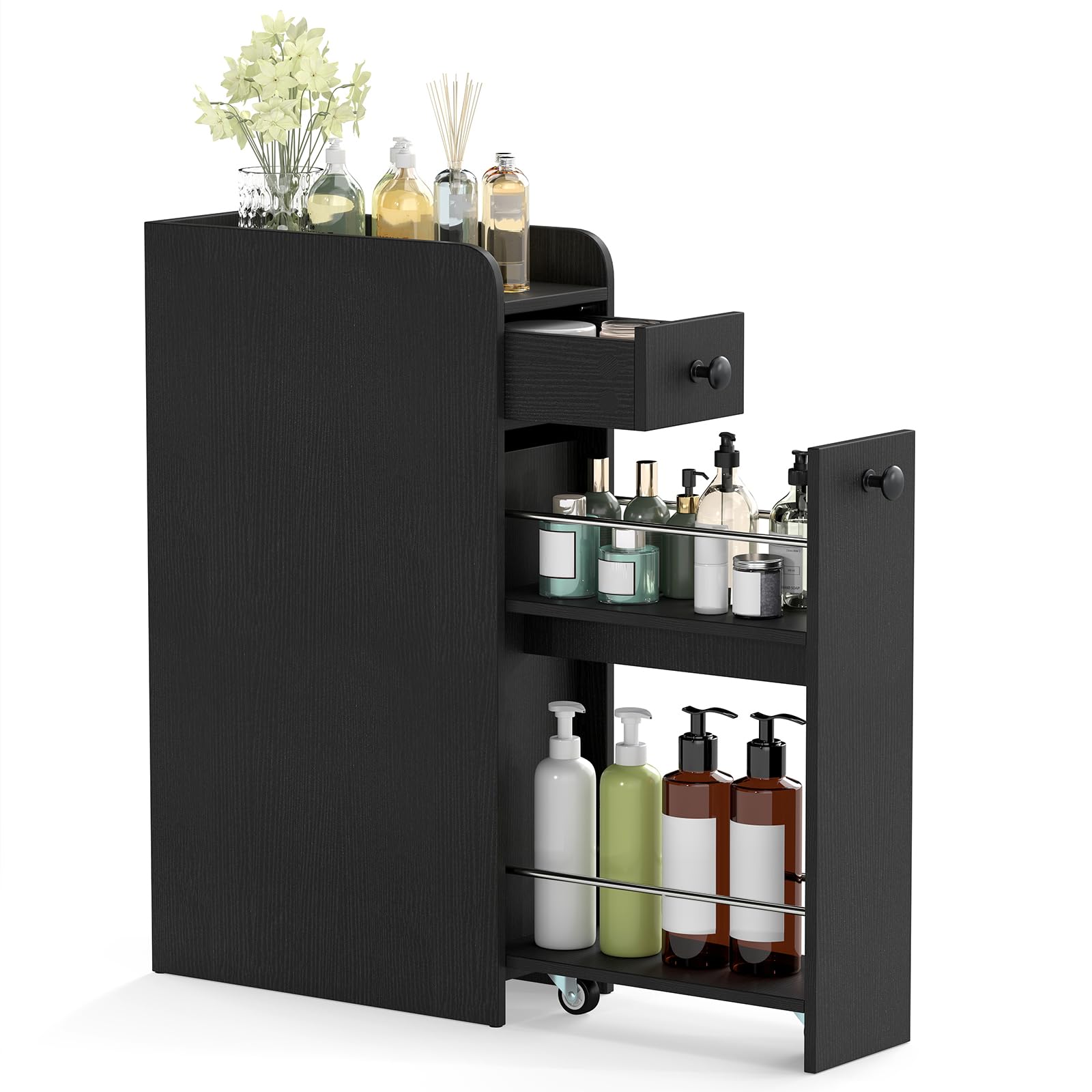 COSTWAY Slim Bathroom Floor Cabinet, Narrow Bathroom Storage Unit with Drawer and Slide Out Shelf on Wheels, Wooden Freestanding Compact Cupboard Toilet Paper Organiser for Small Spaces (Black)