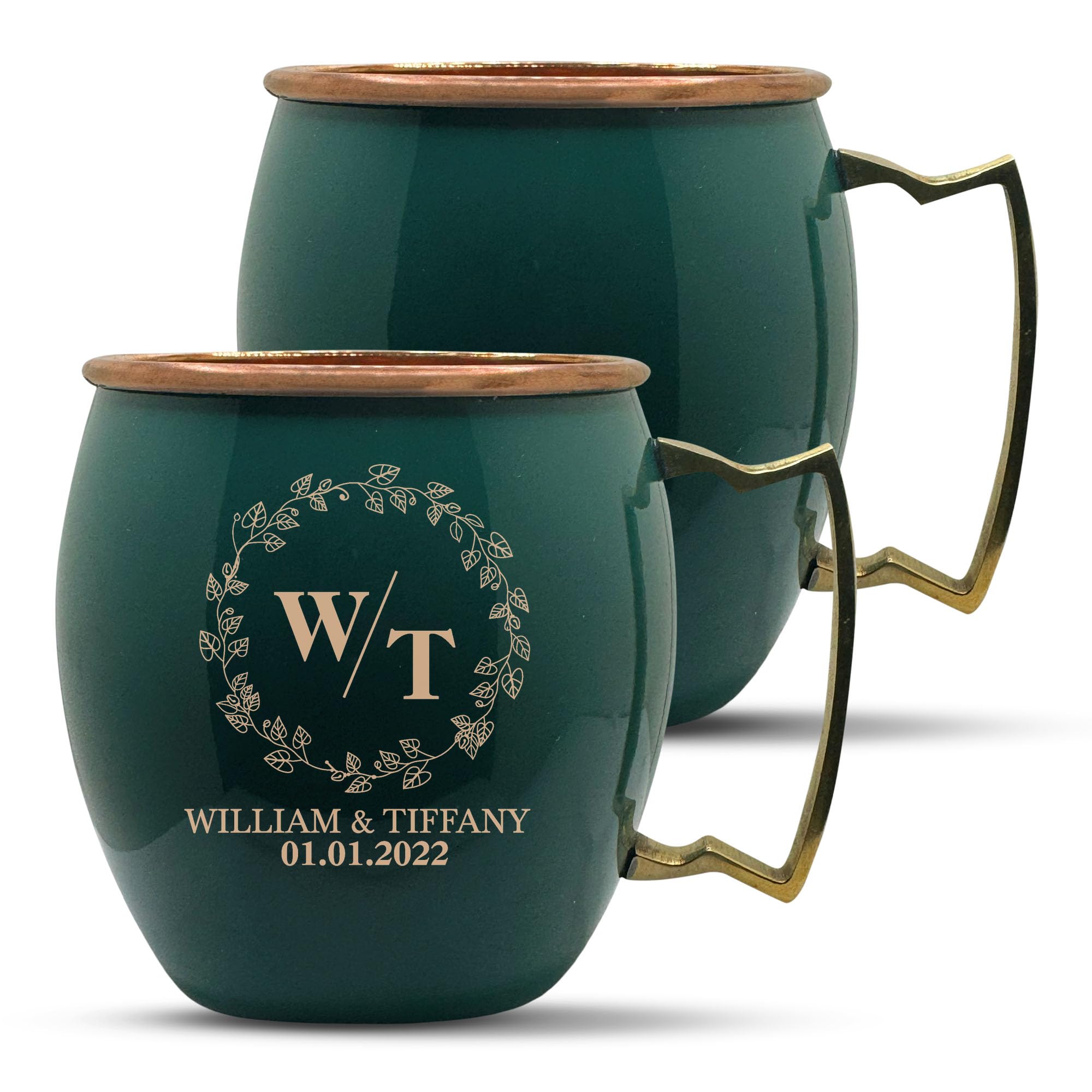 Custom Copper Moscow Mule with Smooth Painted Finish - Engraved Bar Style 100% Copper Cup with Personalized Floral Border Wedding Themed Engraving, Brass Handle | 18 oz, Green | Set of 2