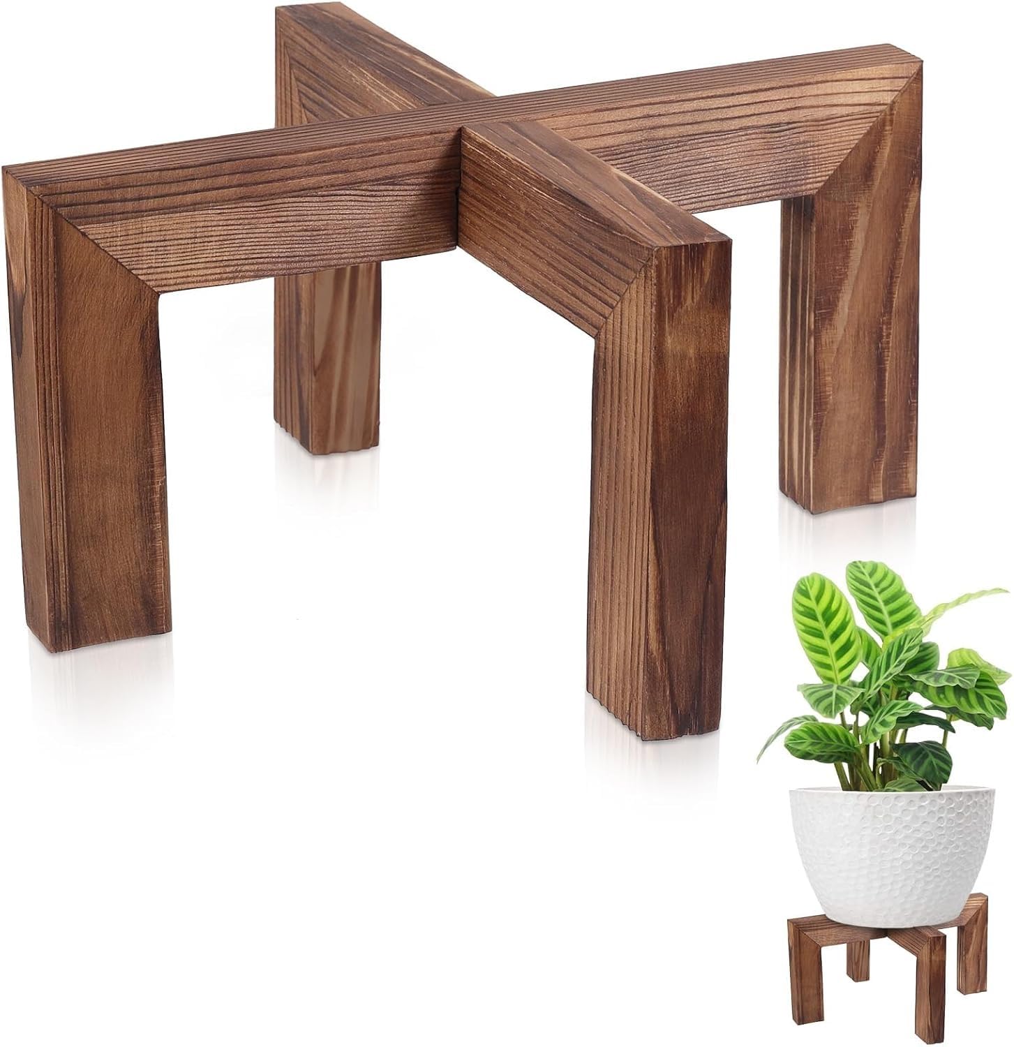 JQTOP Wood Plant Stand Indoor Outdoor, Single Pot Holder for 5-15 Inch Planters, Sturdy Elevated Base for Living Room, Balcony, Patio, Rustic Display Stand for Heavy Flower Pots & Home Decor (Brown)
