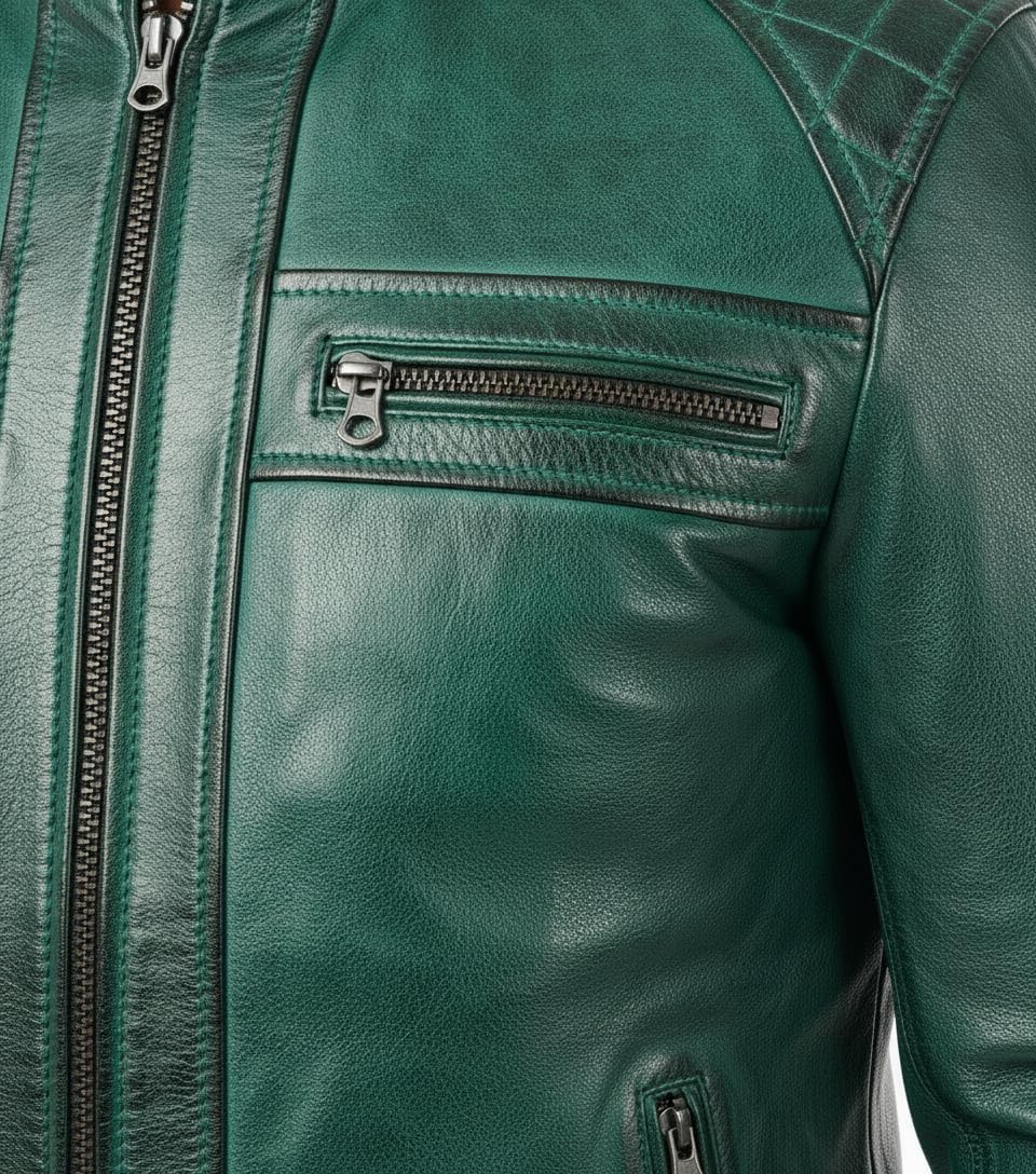 Men's Cafe Racer Biker Jacket - Genuine Lambskin, Real Leather Motorcycle Jacket - Image 5
