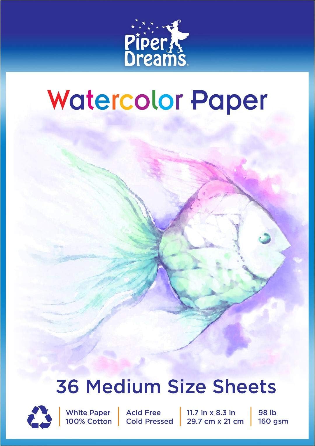 36 Sheets of Watercolor Paper (11.7" x 8.3"), Heavy Stock (160 GSM), 100% Cotton, Loose White Sheets - Perfect for Kids or Adults