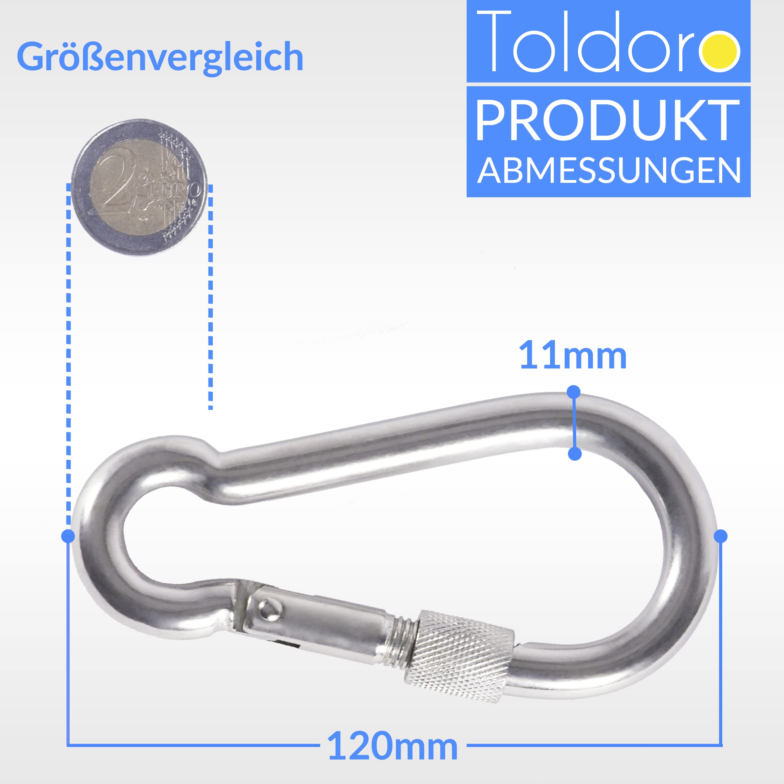 Toldoro® 10x Edelstahl Karabiner mit Schraubverschluss 120mm Rostfrei - NIRO AISI 316 V4A / Karabinerhaken Klein für Schaukel, Hängematte oder Sonnensegel/Schraubkarabiner, Bruchlast 1000kg