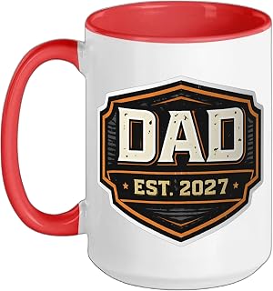 New Dad Est 2027 Father Newborn Baby Son Daughter Vintage Ceramic Mug, Red/White, 15oz