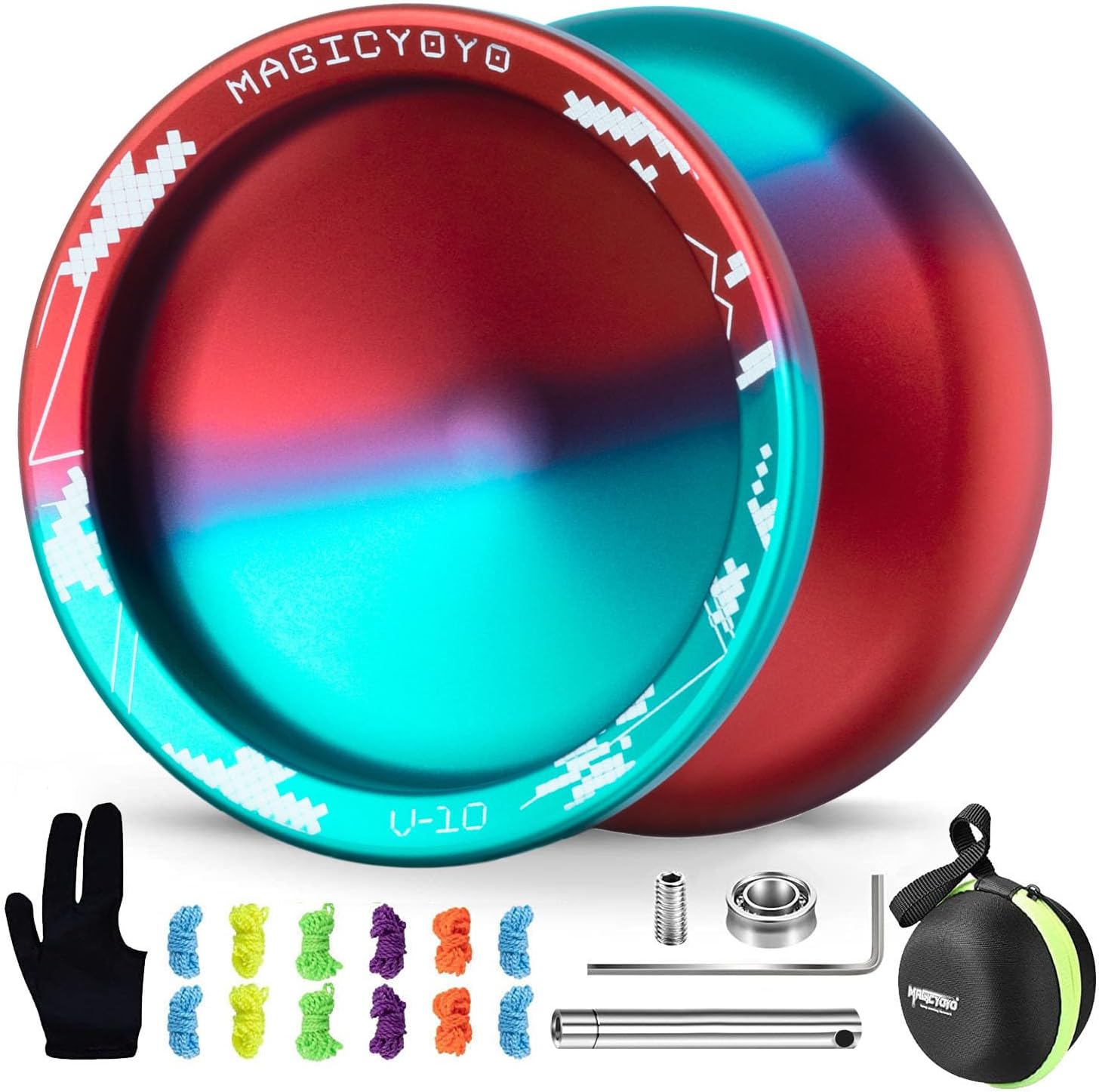 MAGICYOYO V10 Professional Finger Spin Yoyo, Dual Purpose Responsive & Unresponsive Metal Yo Yo for Tricks, Long Spin, Durable Aluminum Alloy Yo-yo with Case, Glove & 12 Yoyo Strings (Blue Red)